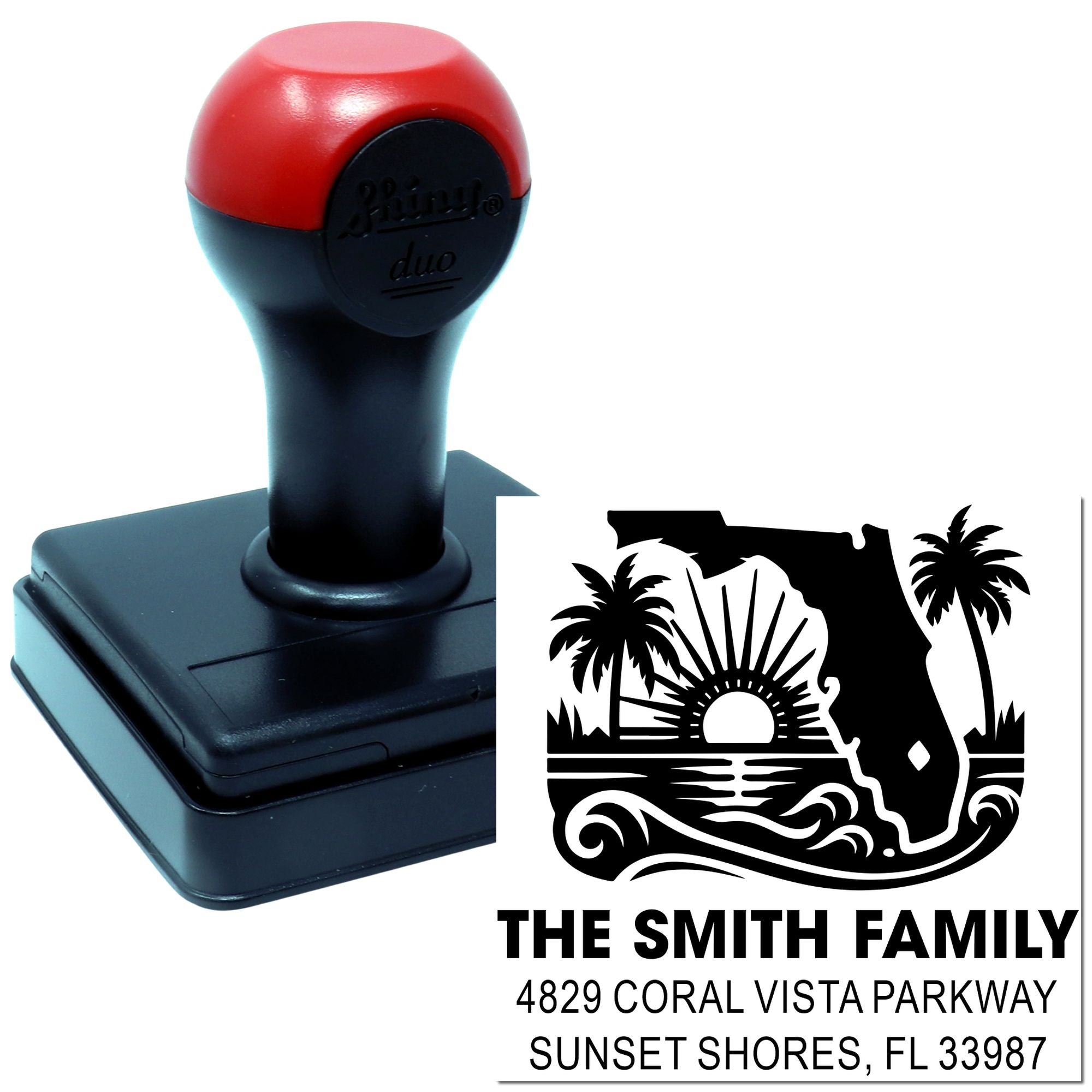 Custom self-inking rubber stamp with Florida beach family return address design for personalized mailing.