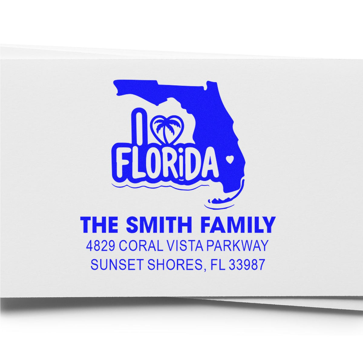 Custom Florida return address rubber stamp for The Smith Family, featuring state outline, palm tree heart, and address details.
