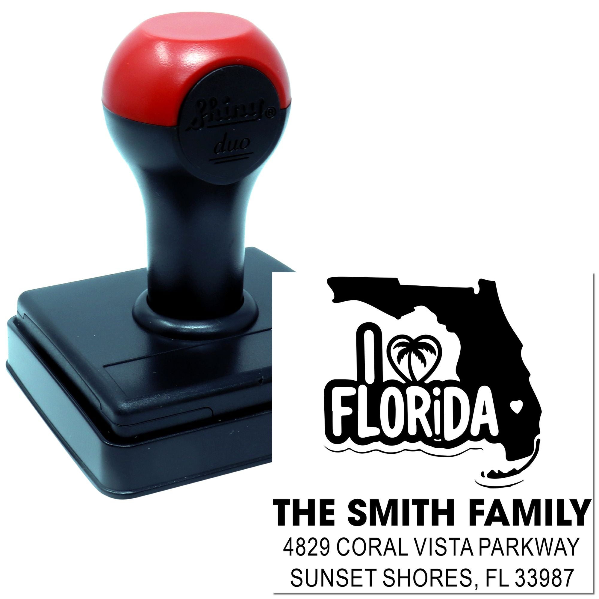 Custom self-inking Florida address rubber stamp with family name, mailing address, and state outline.
