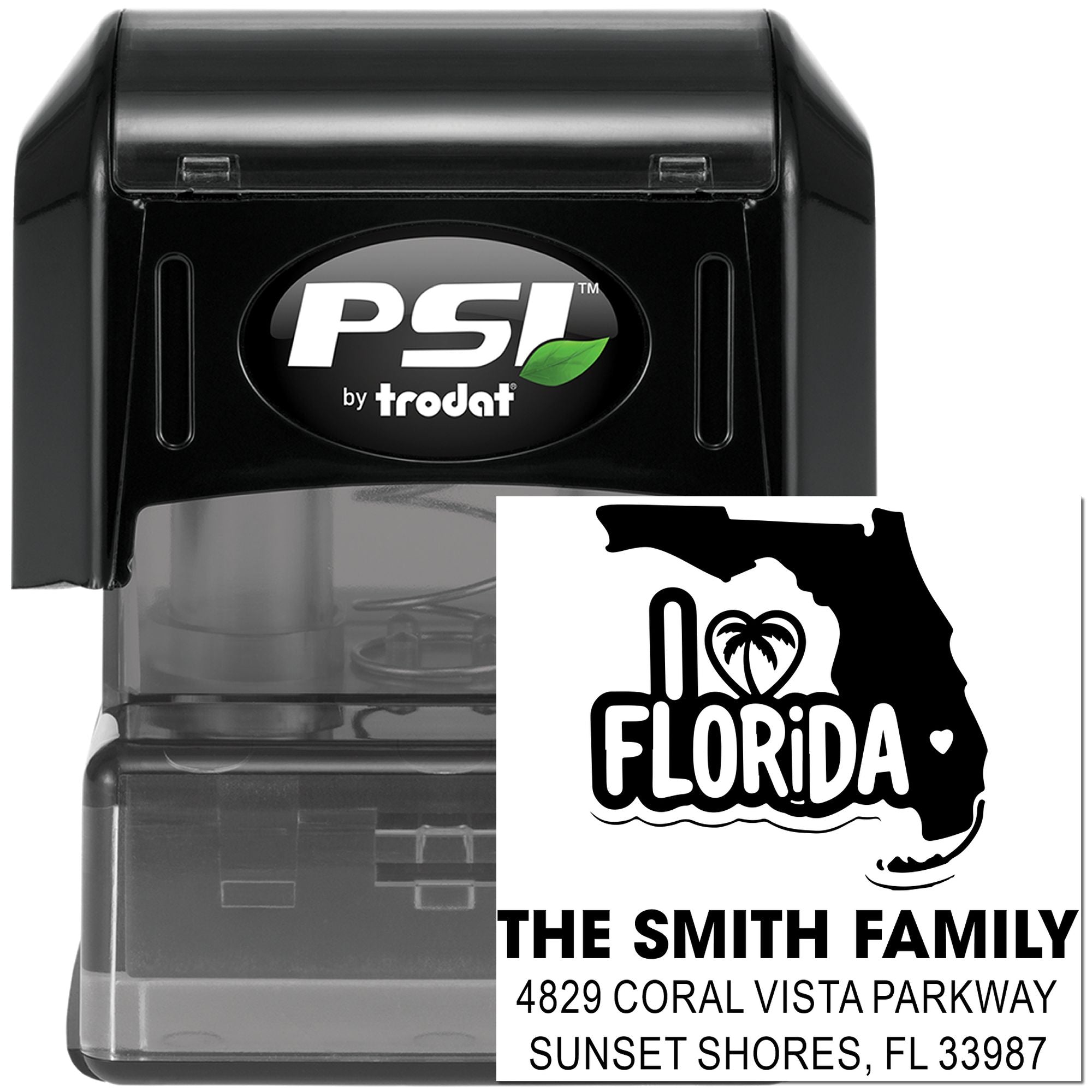 Custom Florida family return address self-inking rubber stamp, PSI by Trodat, for personalized mailing and home address use.