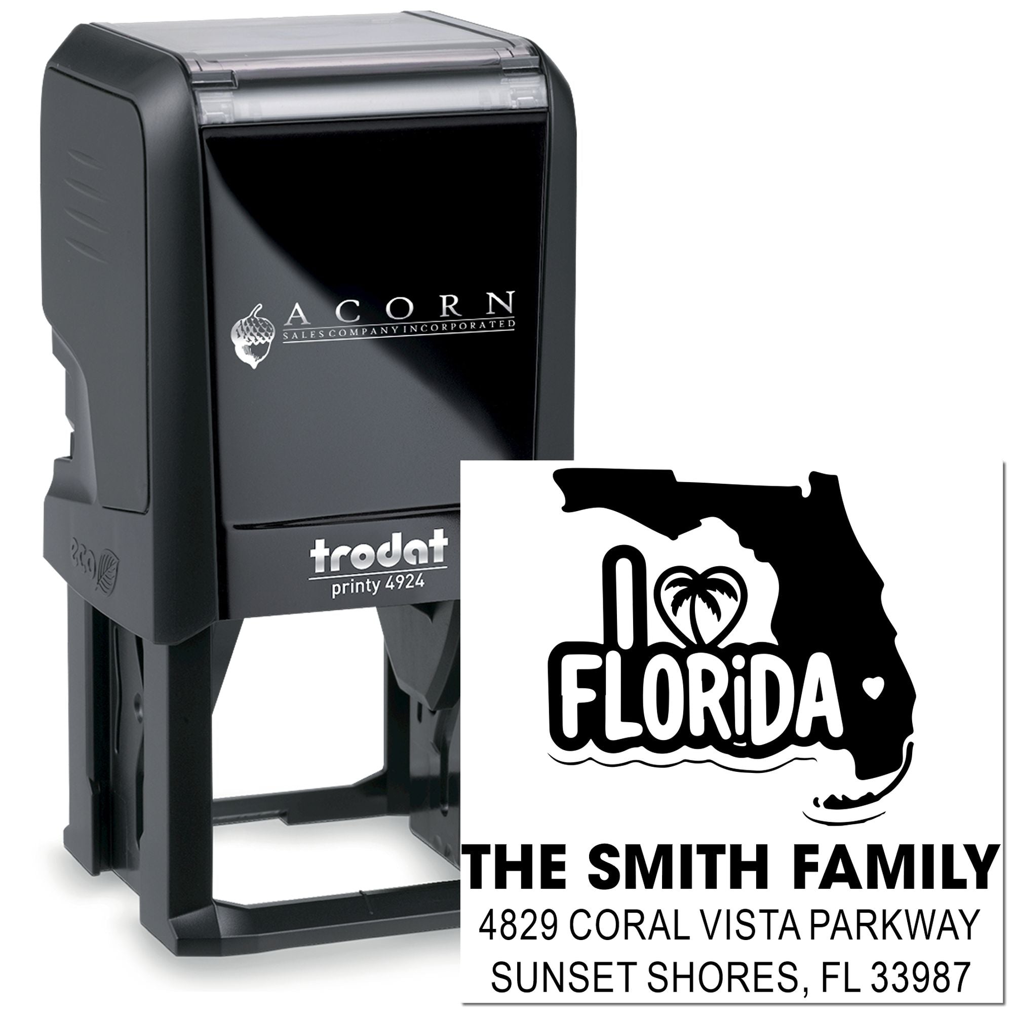 Custom self-inking rubber stamp with Florida family address design for personalized mailing.
