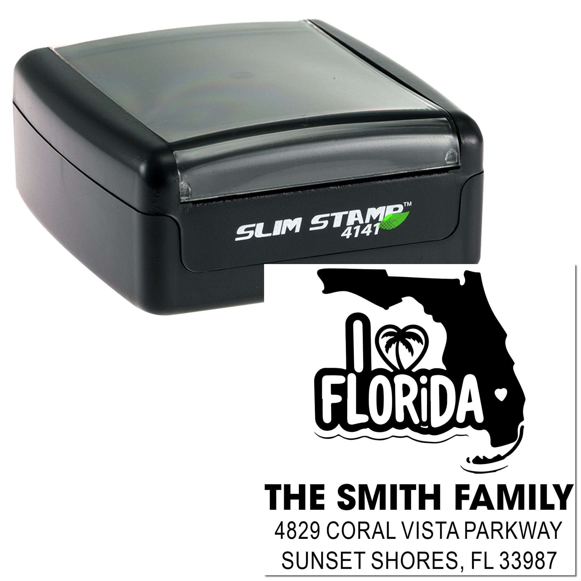 Custom self-inking Florida return address rubber stamp with family name for envelopes, mailings, and personalized stationery.