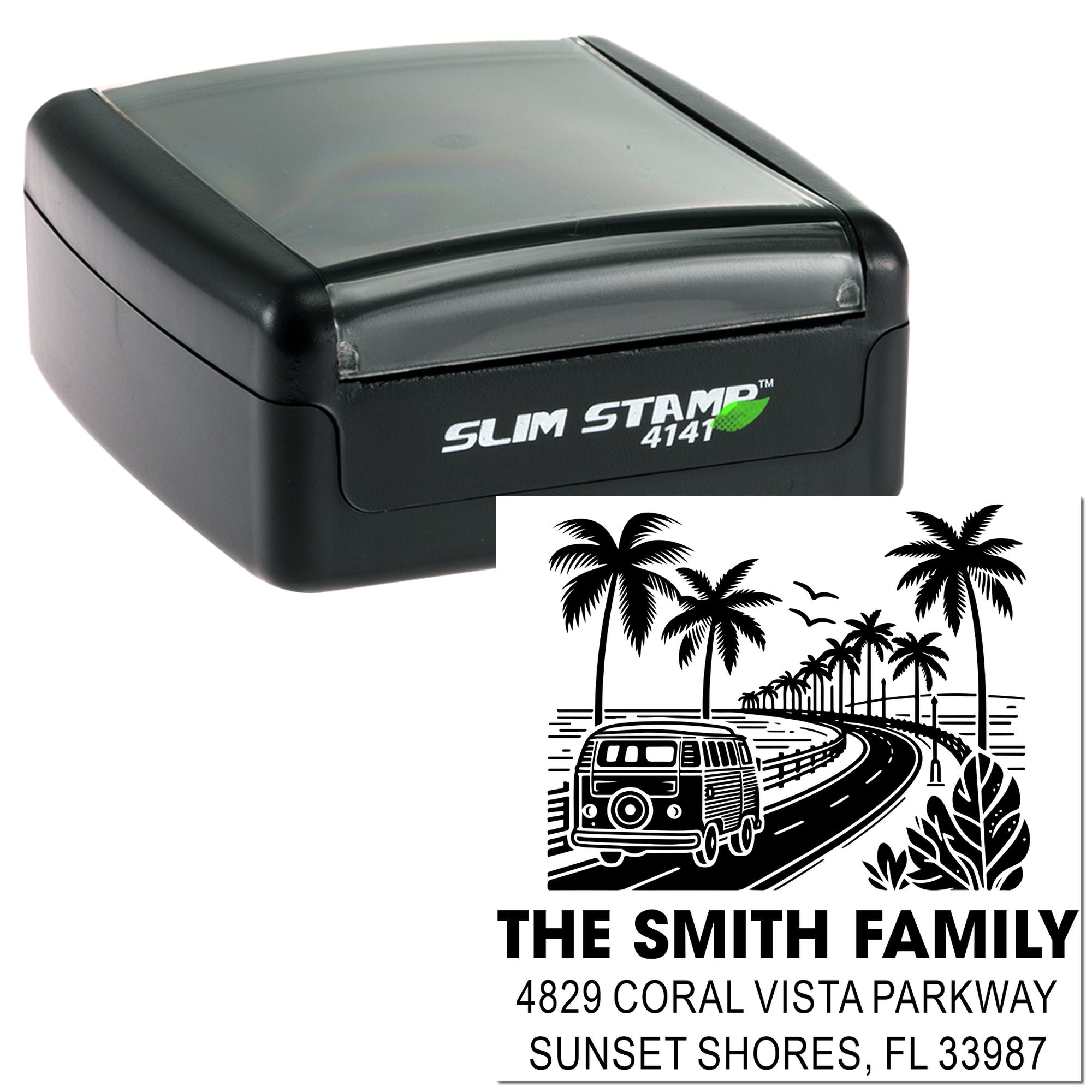 Custom self-inking Slim Stamp rubber address stamp with tropical palm tree and van design for The Smith Family, Sunset Shores, FL.