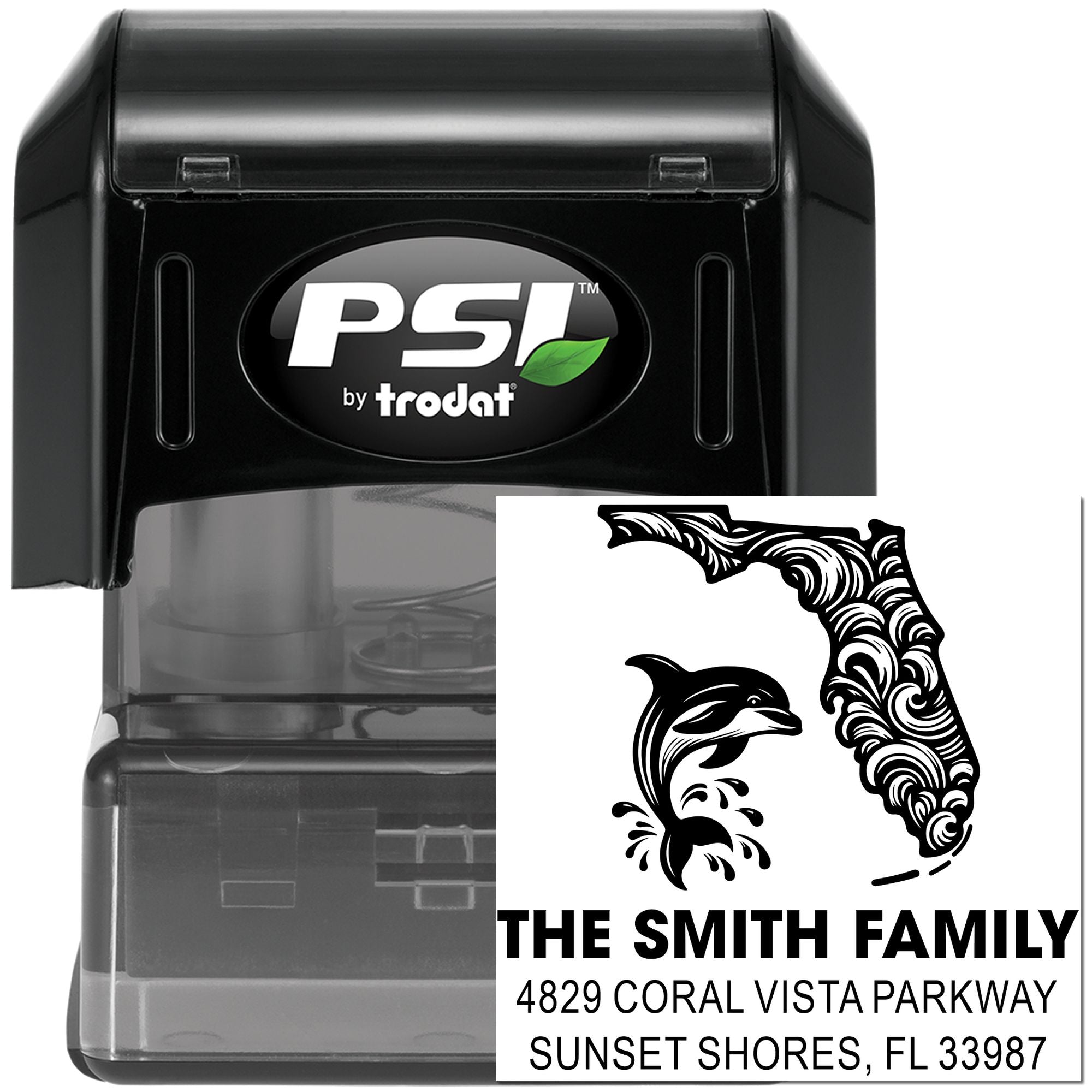PSI by Trodat custom self-inking rubber address stamp with Florida dolphin family return address design.