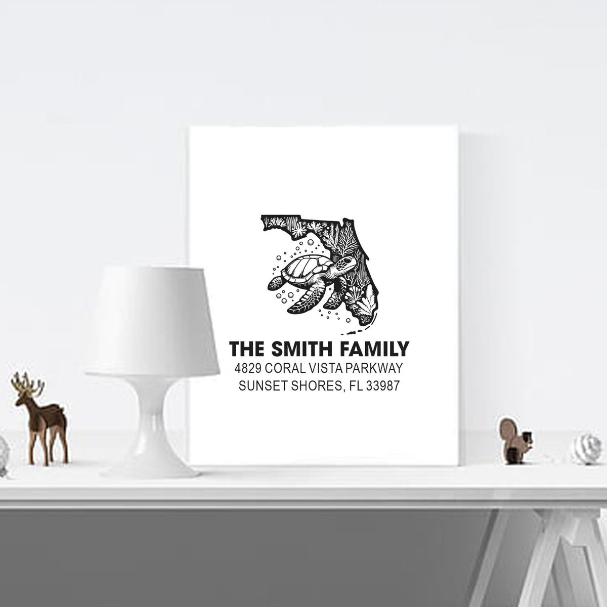 Custom return address rubber stamp with Florida sea turtle family name and address design