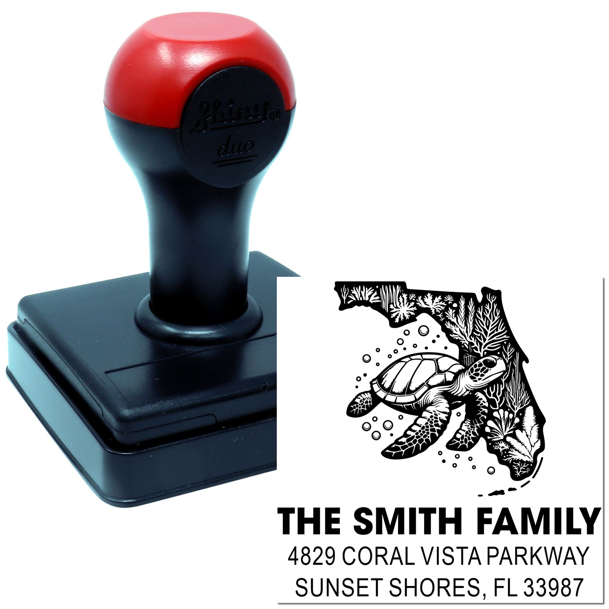 Custom self-inking address rubber stamp with Florida turtle design for The Smith Family return address.