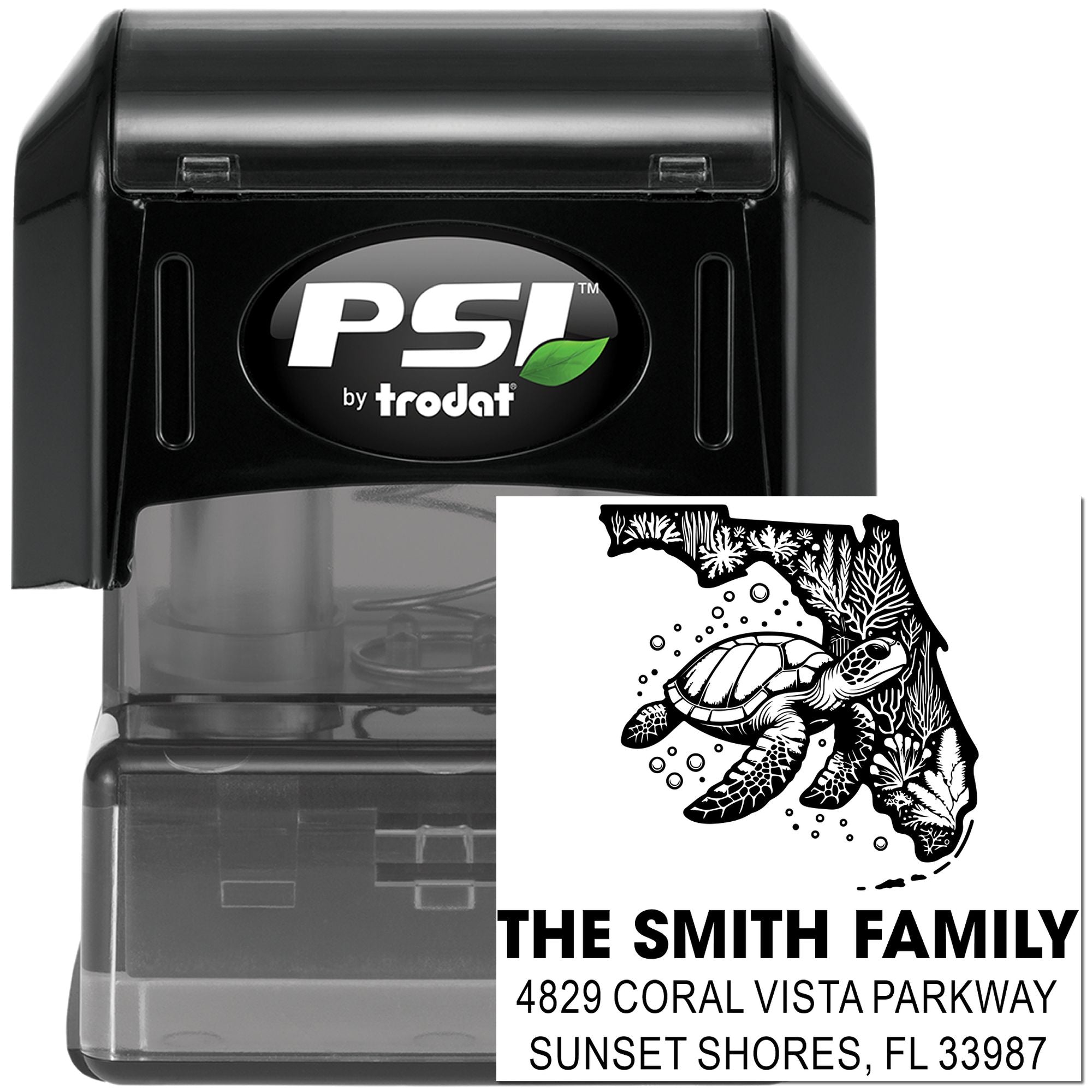 Custom self-inking rubber stamp with sea turtle Florida address design for The Smith Family, Sunset Shores, FL