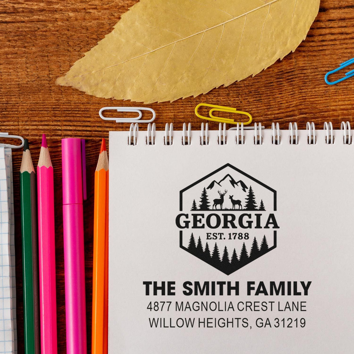 Custom Georgia return address rubber stamp with mountain deer design for personalized family mail and stationery.