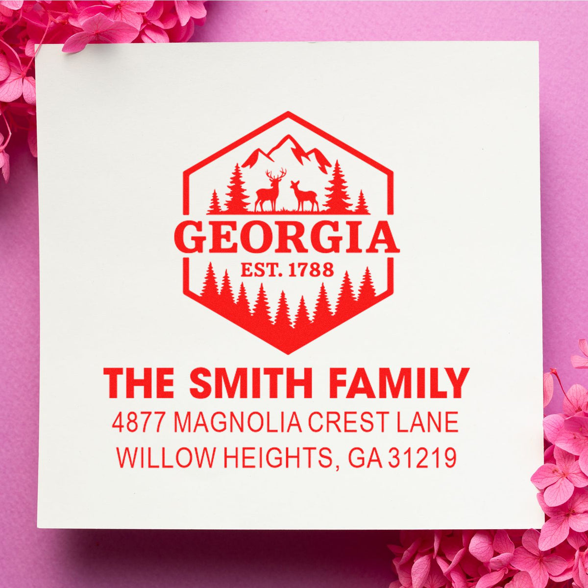 Custom Georgia family address rubber stamp with deer and mountain logo, The Smith Family, Willow Heights return address.
