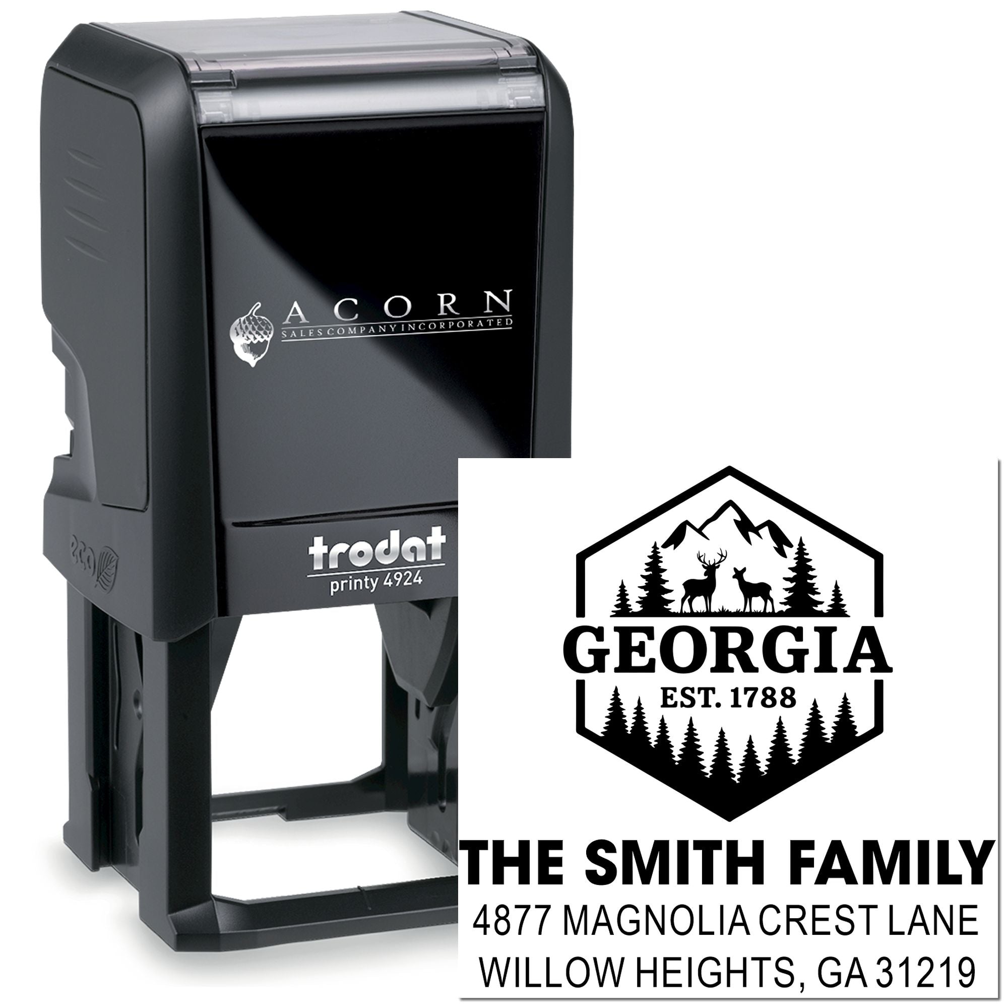 Custom self-inking address rubber stamp with Georgia family name, wildlife logo, and return address for mailing.