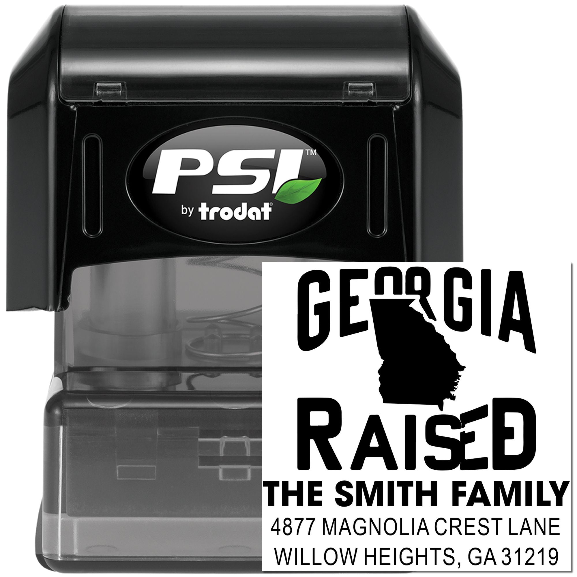 Custom Georgia raised family return address rubber stamp, PSI by Trodat self-inking stamp with name and mailing address.