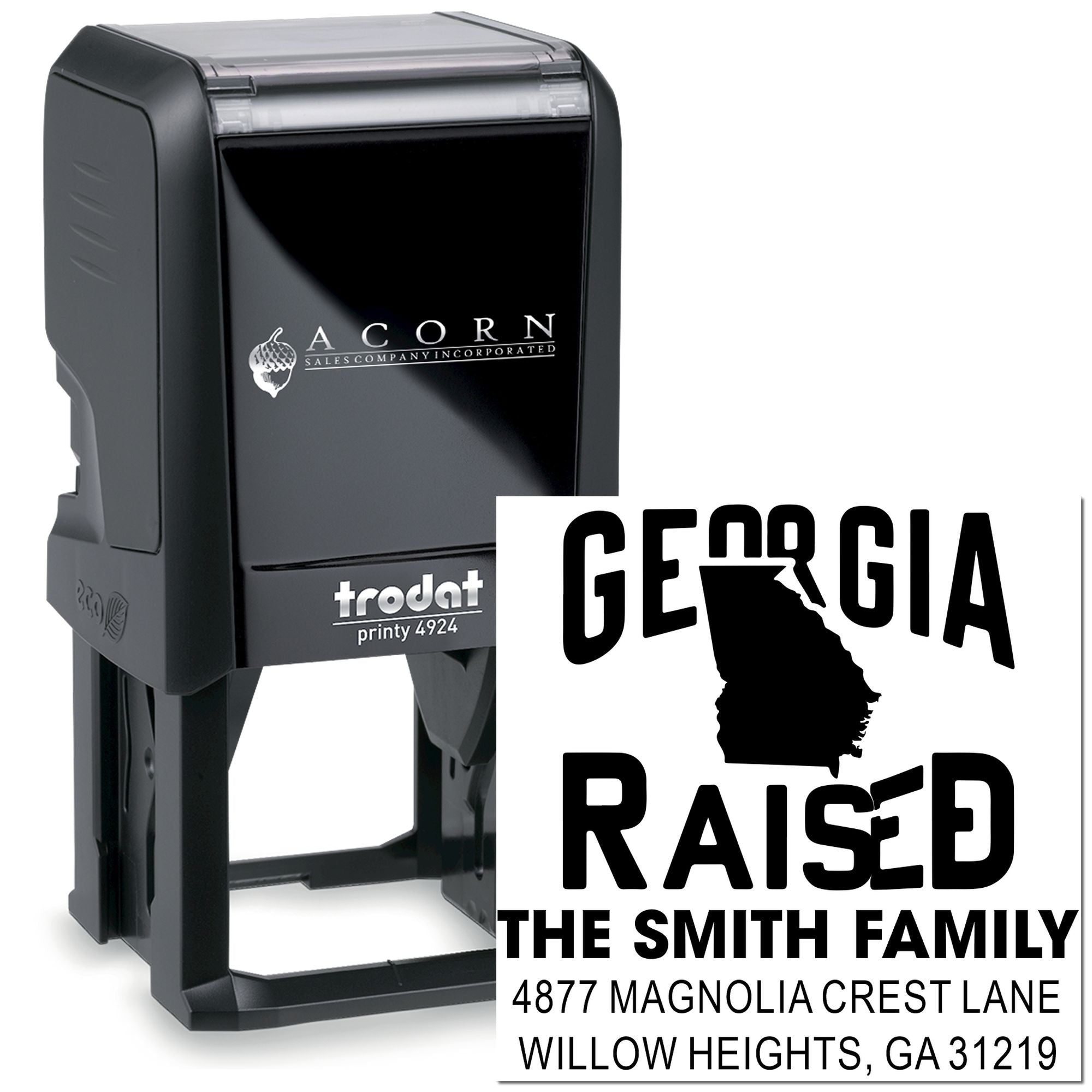 Custom self-inking Georgia rubber stamp for family address labels, featuring The Smith Family return address design.