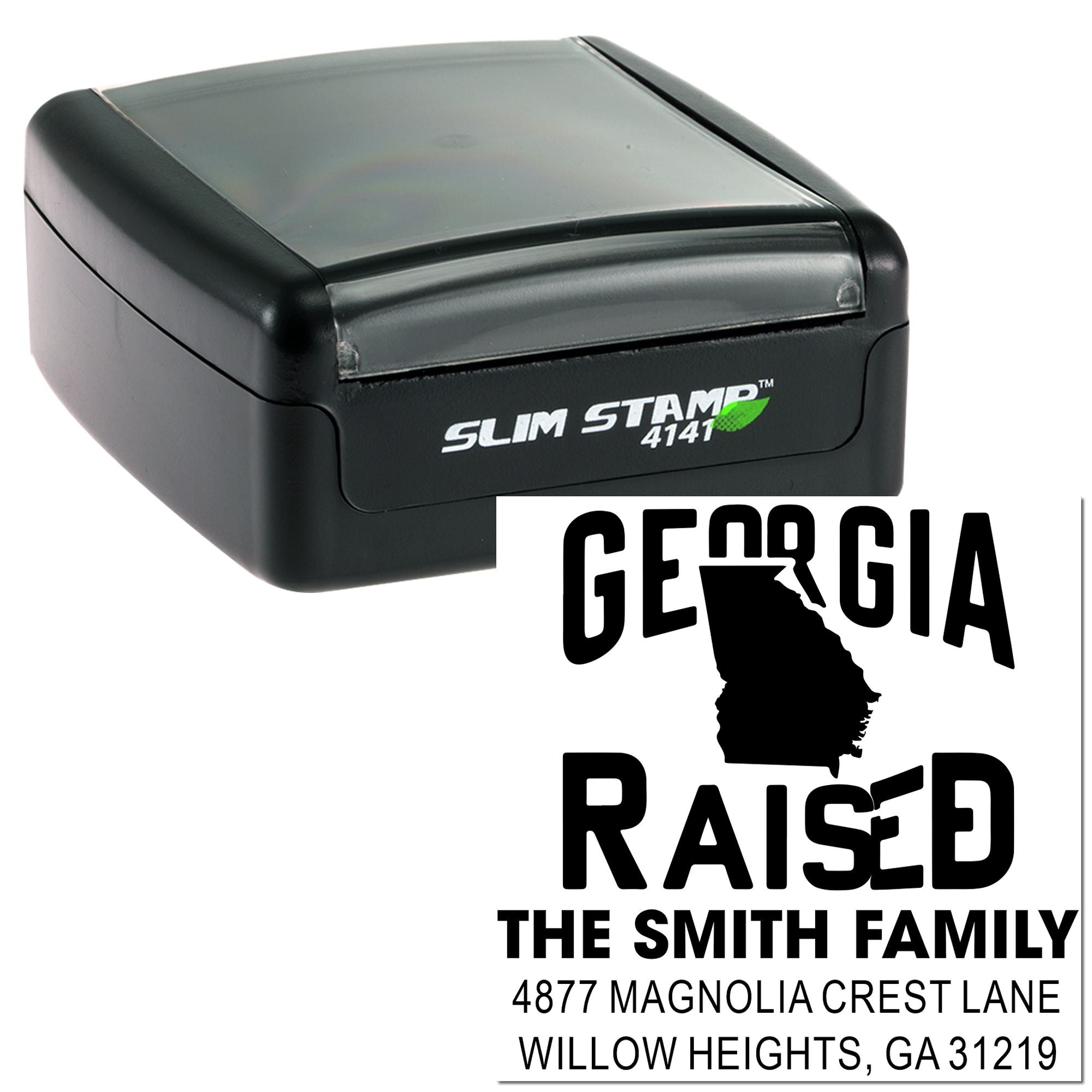 Custom Georgia family return address rubber stamp with self-inking Slim Stamp case for personalized mailings.