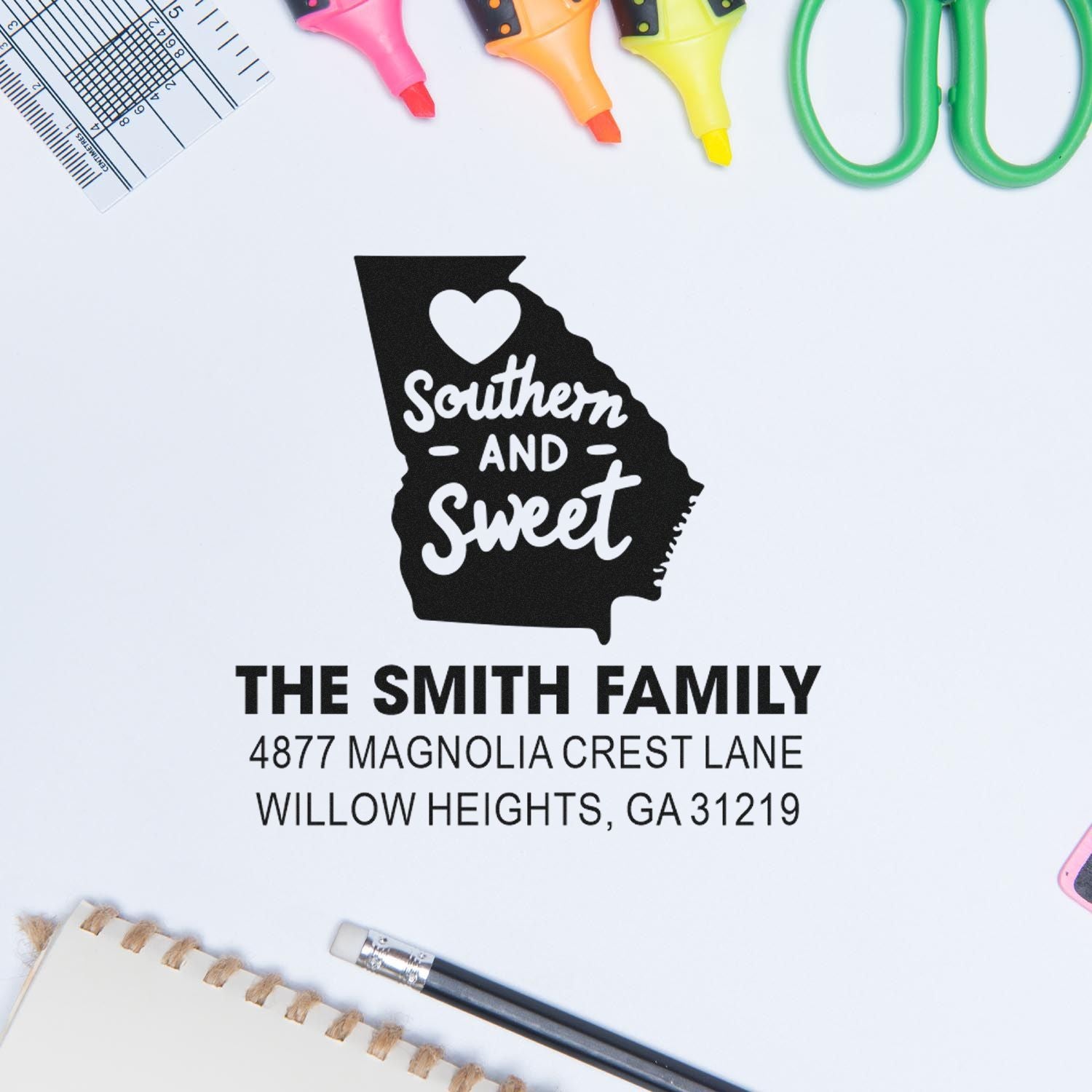 Personalized Georgia return address rubber stamp with Southern and Sweet design for The Smith Family, GA 31219.