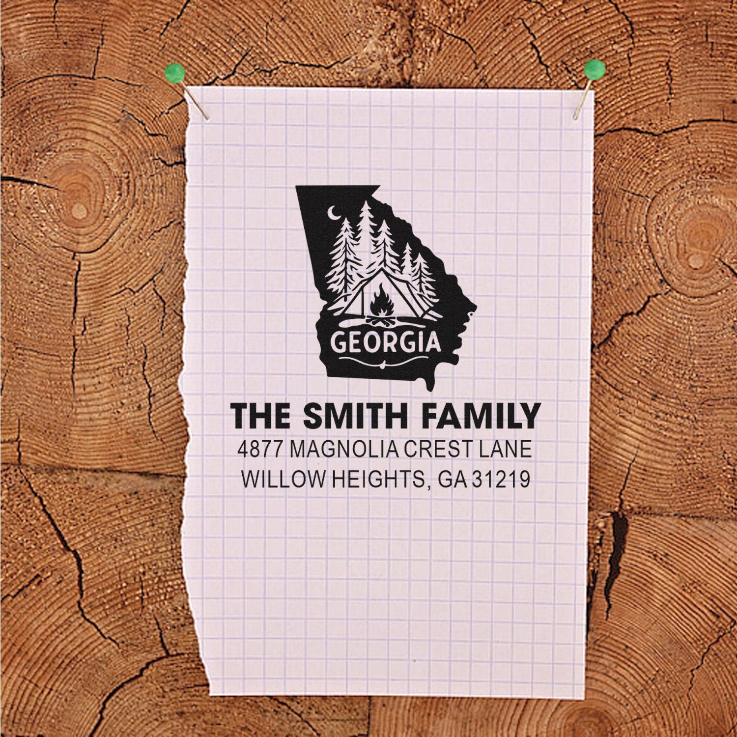 Custom Georgia return address rubber stamp with family name, address, and camping state design.