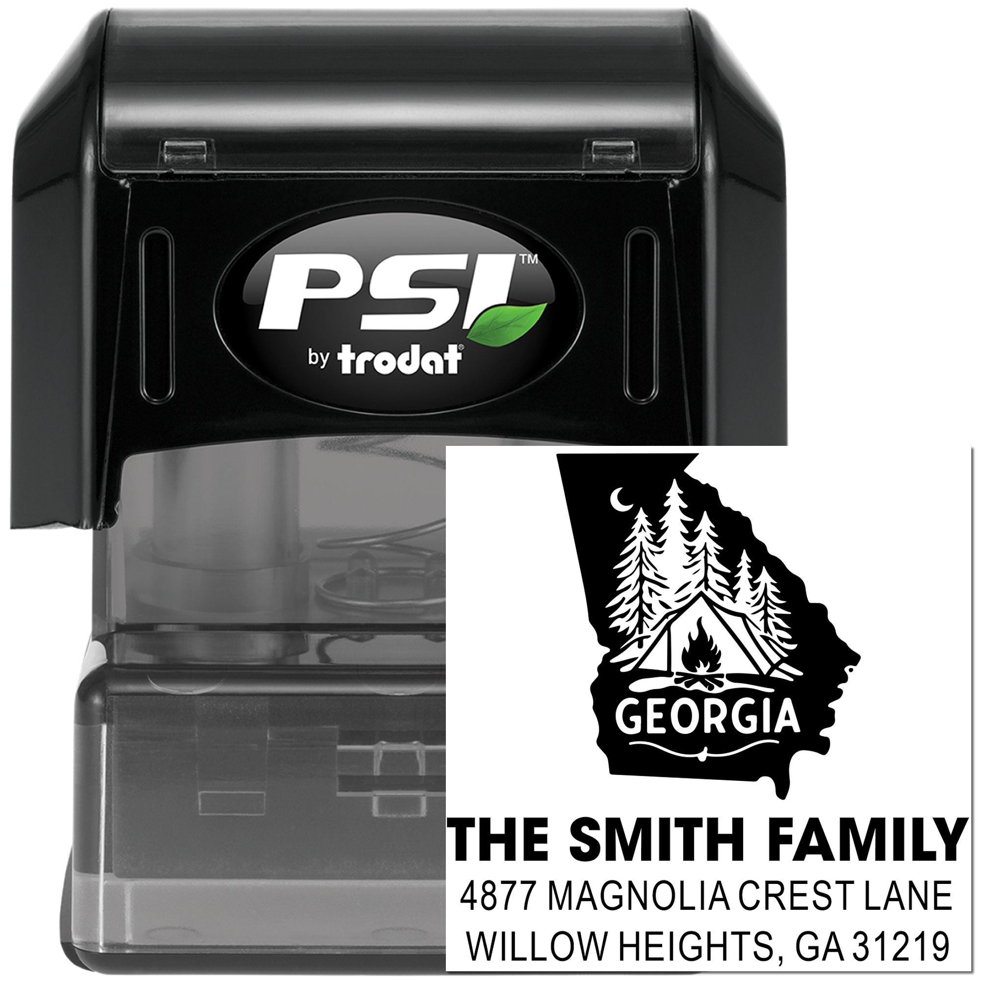 Custom Georgia address rubber stamp for The Smith Family, with state outline design and self-inking PSI by Trodat case.