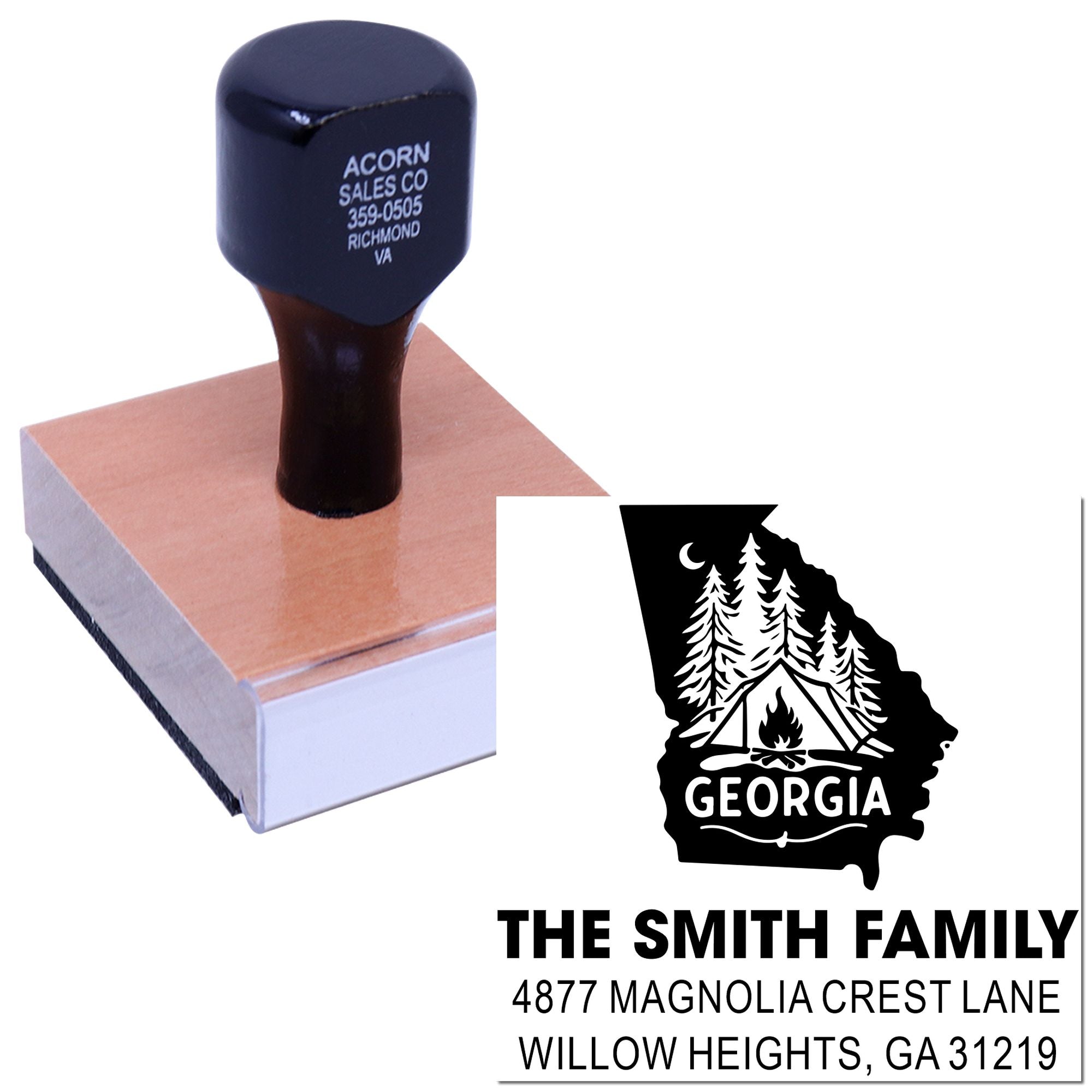 Personalized Georgia return address rubber stamp with campsite design for custom envelope mailing.