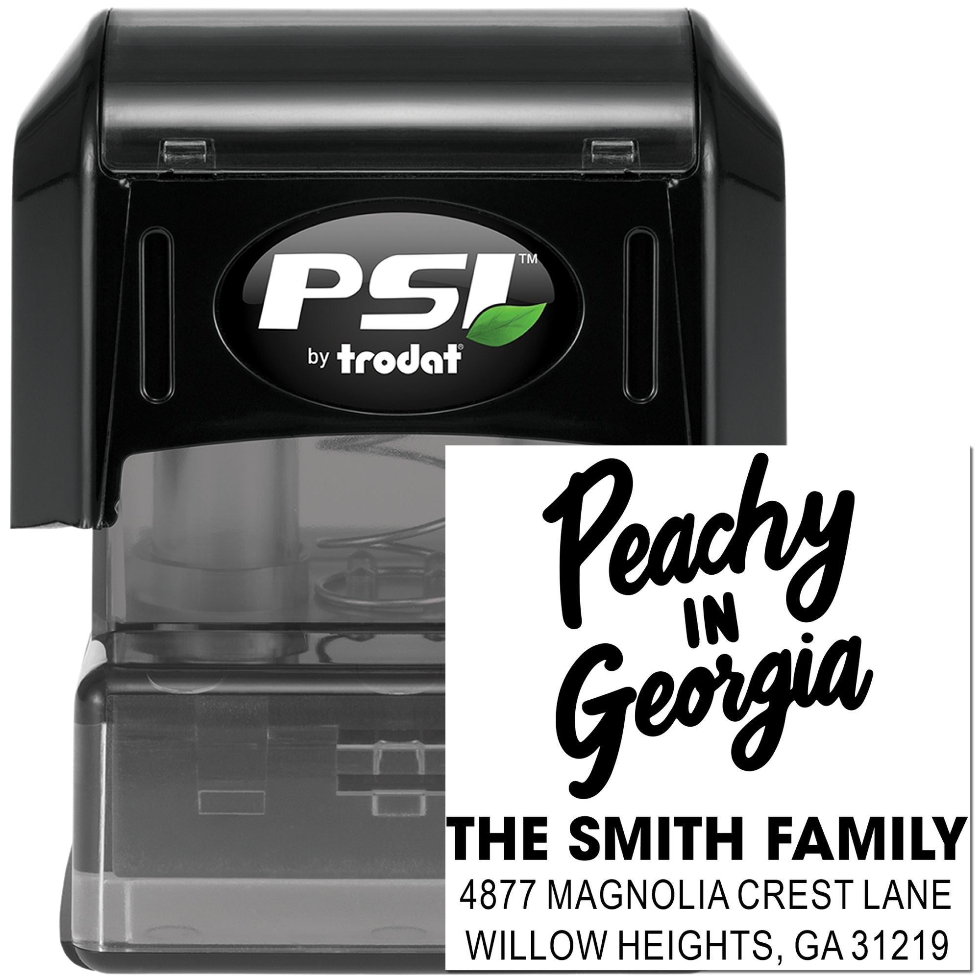 PSI by Trodat self-inking custom address stamp with Peachy in Georgia family return address imprint