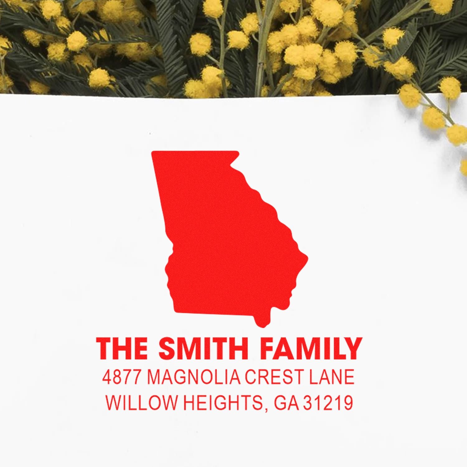 Personalized return address rubber stamp with Georgia silhouette for The Smith Family, Willow Heights, GA 31219