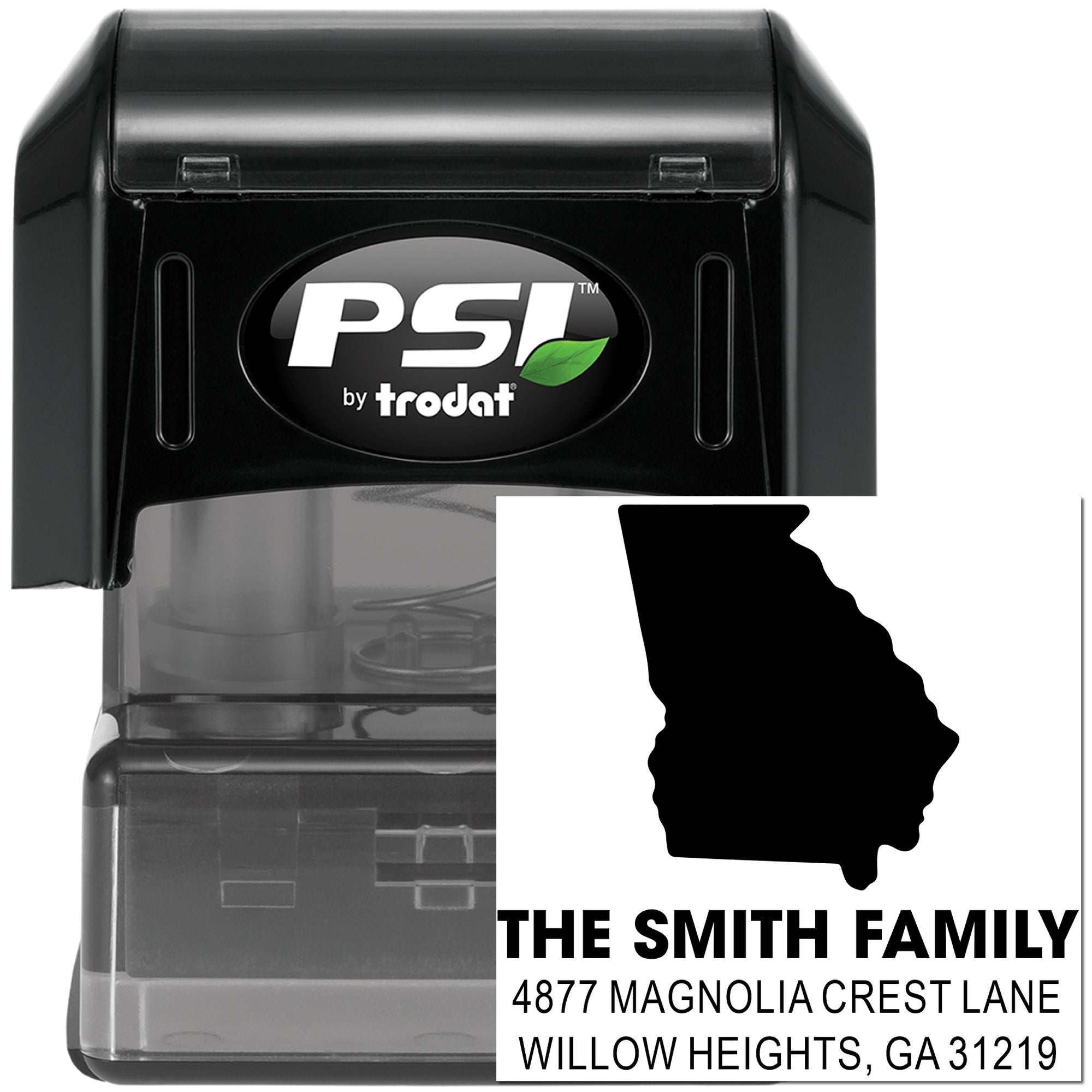 Custom self-inking rubber address stamp for The Smith Family, Georgia silhouette, Willow Heights, GA.