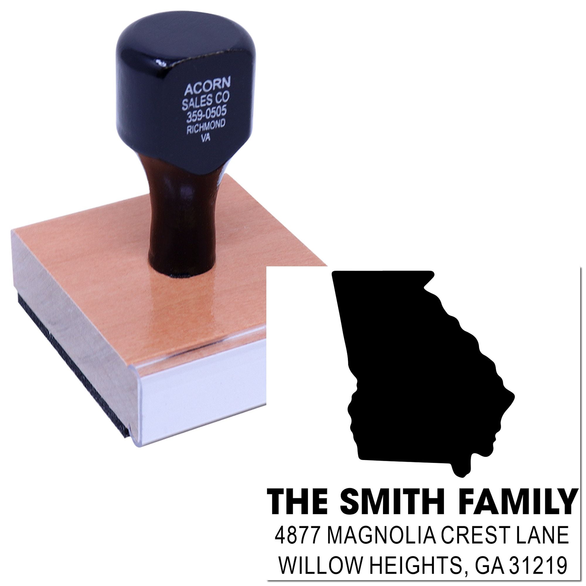 Custom Georgia family return address rubber stamp with state silhouette, name, street address, and ZIP code.