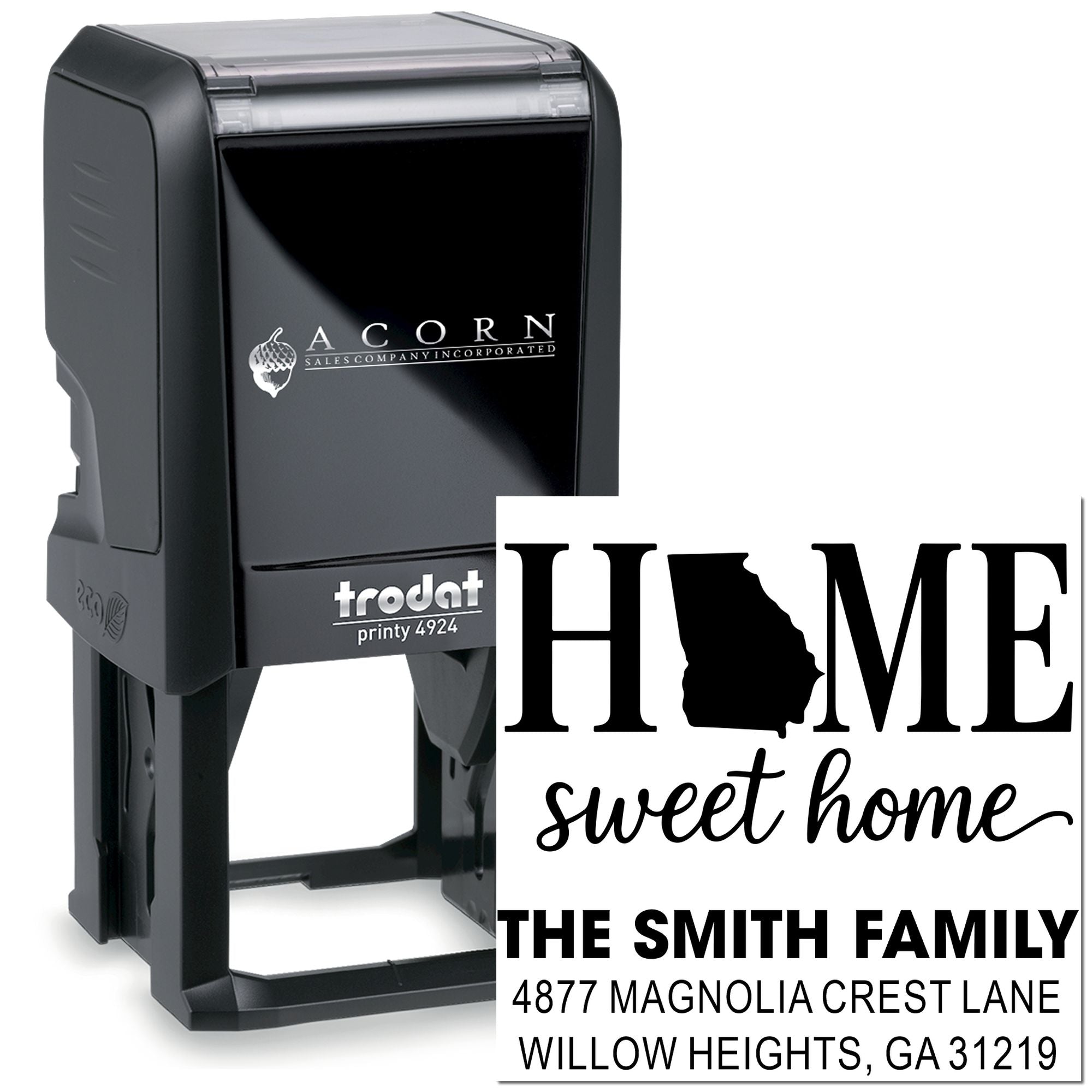 Custom self-inking rubber stamp with Home Sweet Home design, family name, and address for personalized mailing.