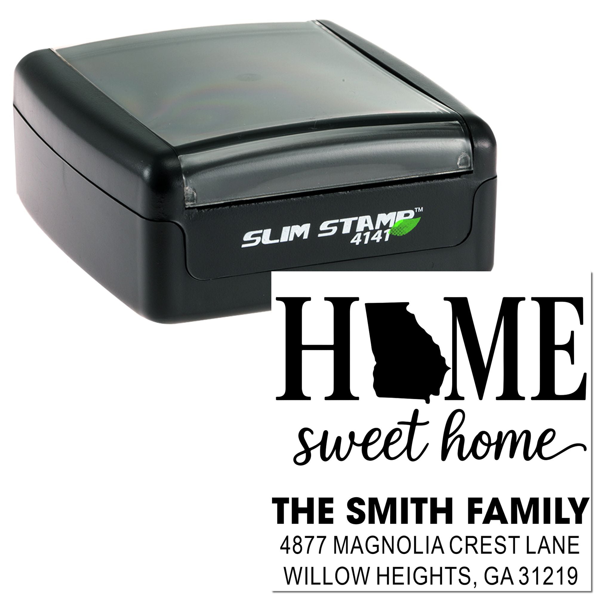 Custom rubber stamp with Home sweet home family address design, ideal for personalized mail and housewarming gifts.