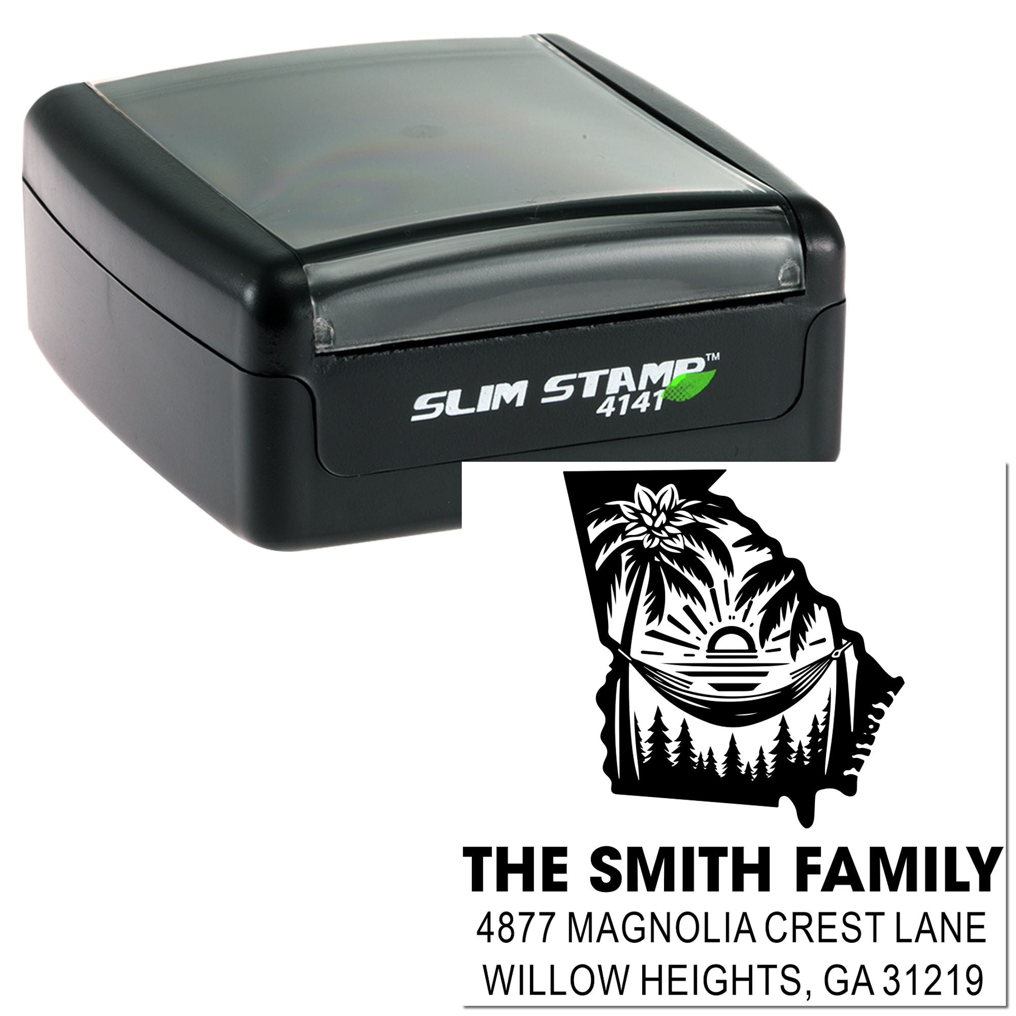 Slim Stamp 4141 custom self-inking return address rubber stamp with family name and beach design for envelopes.