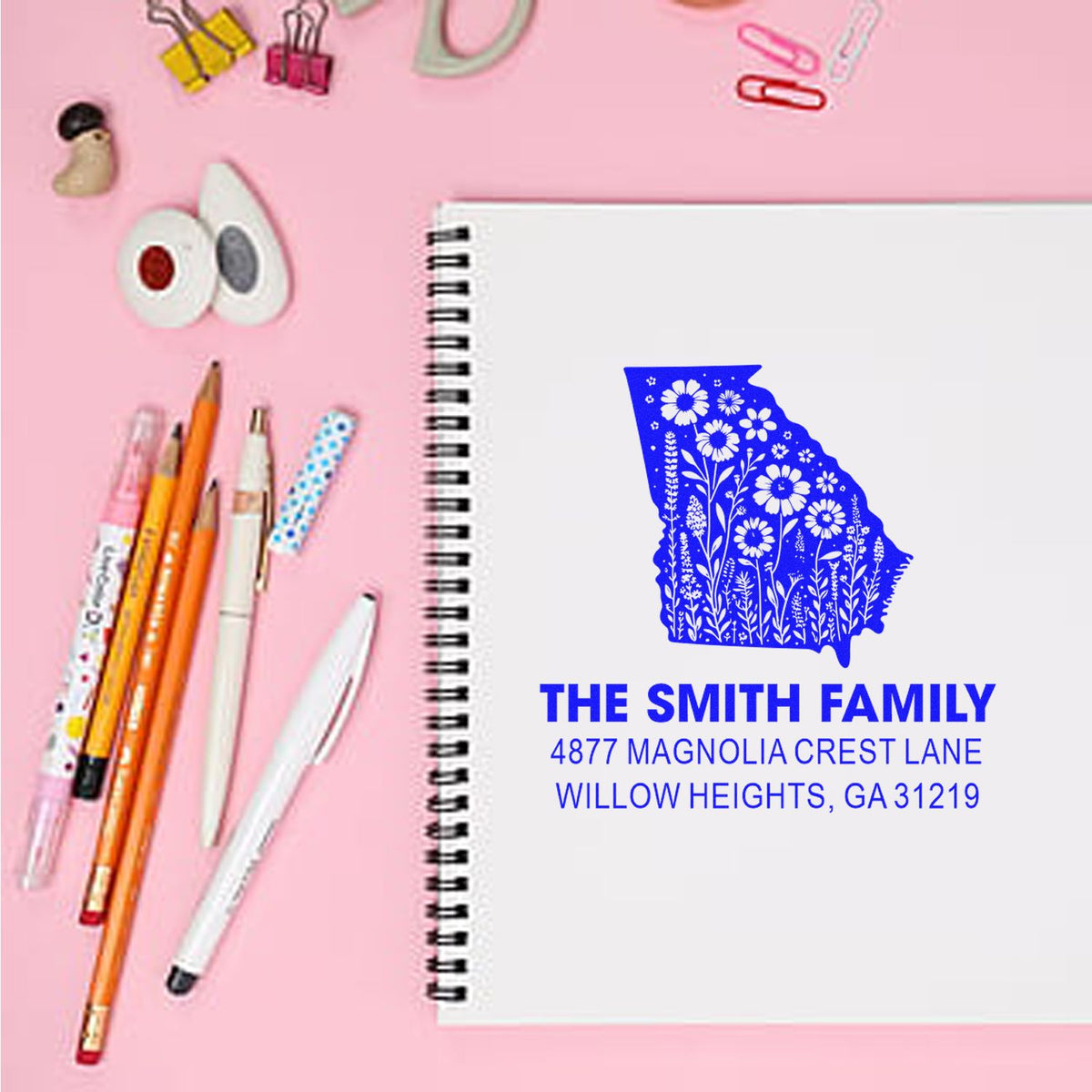 Custom Georgia state floral address rubber stamp for The Smith Family, featuring name and Willow Heights, GA 31219 address.