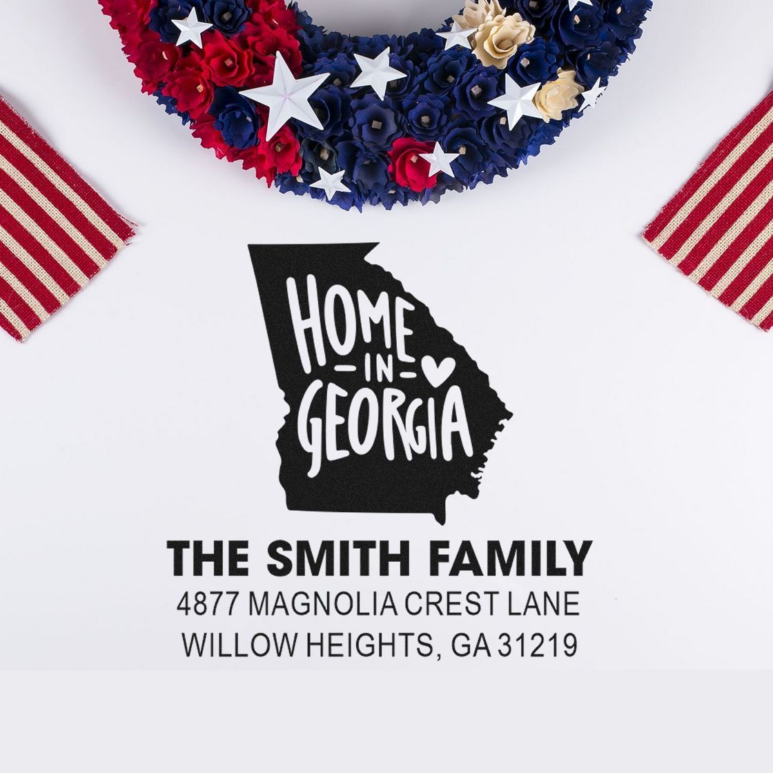Custom Georgia home address rubber stamp for The Smith Family, with patriotic red, white and blue design.