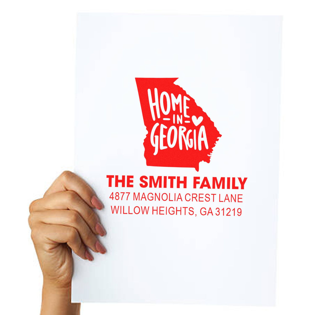 Custom family return address rubber stamp with Home in Georgia design, Smith family name, and mailing address.