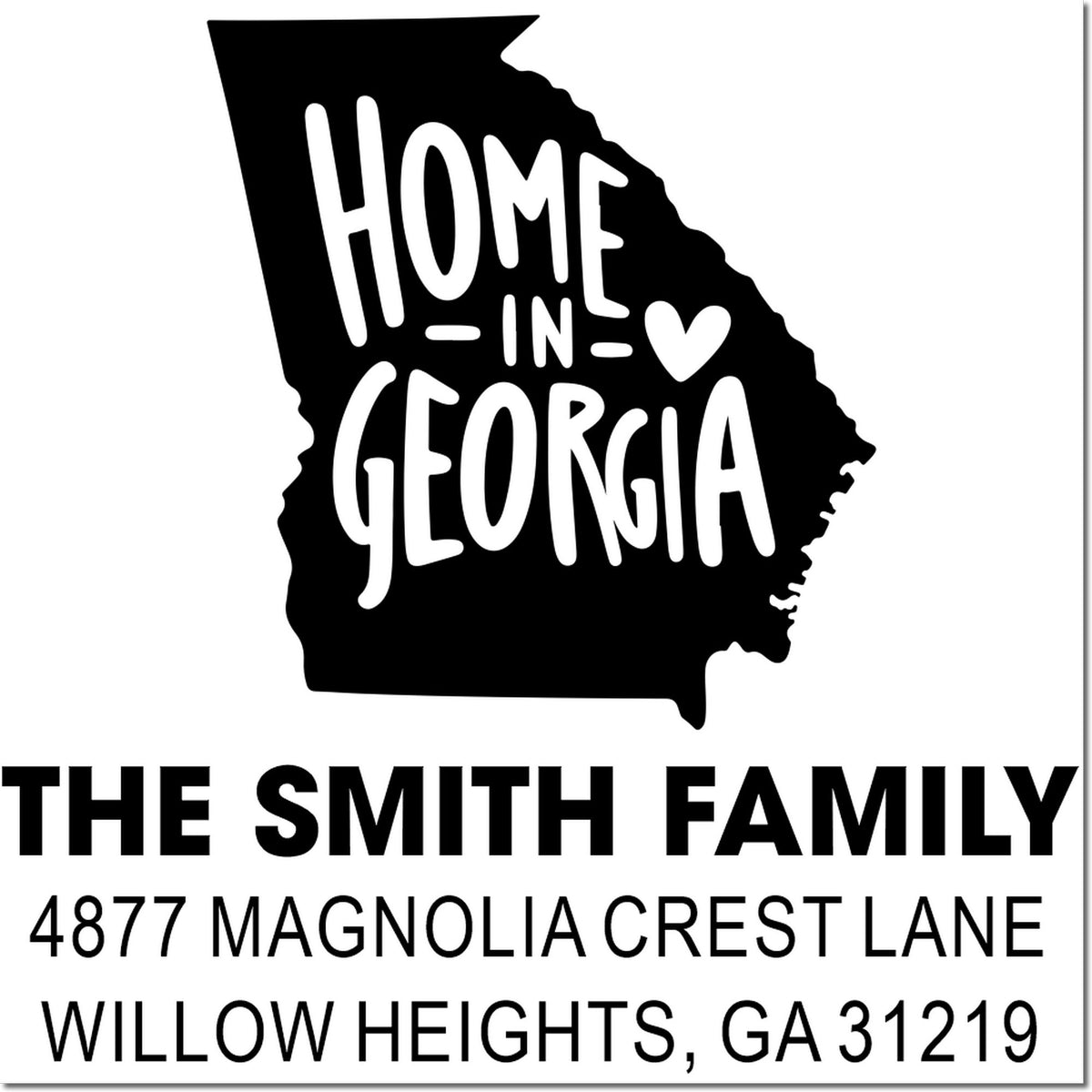 Custom Georgia return address rubber stamp for The Smith Family, Willow Heights, GA, with home-in-Georgia design.