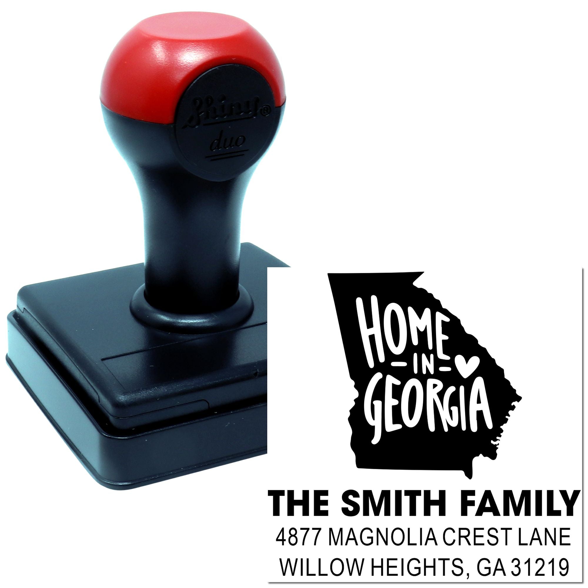 Custom self-inking Georgia address stamp with Home in Georgia design for personalized family return envelopes.