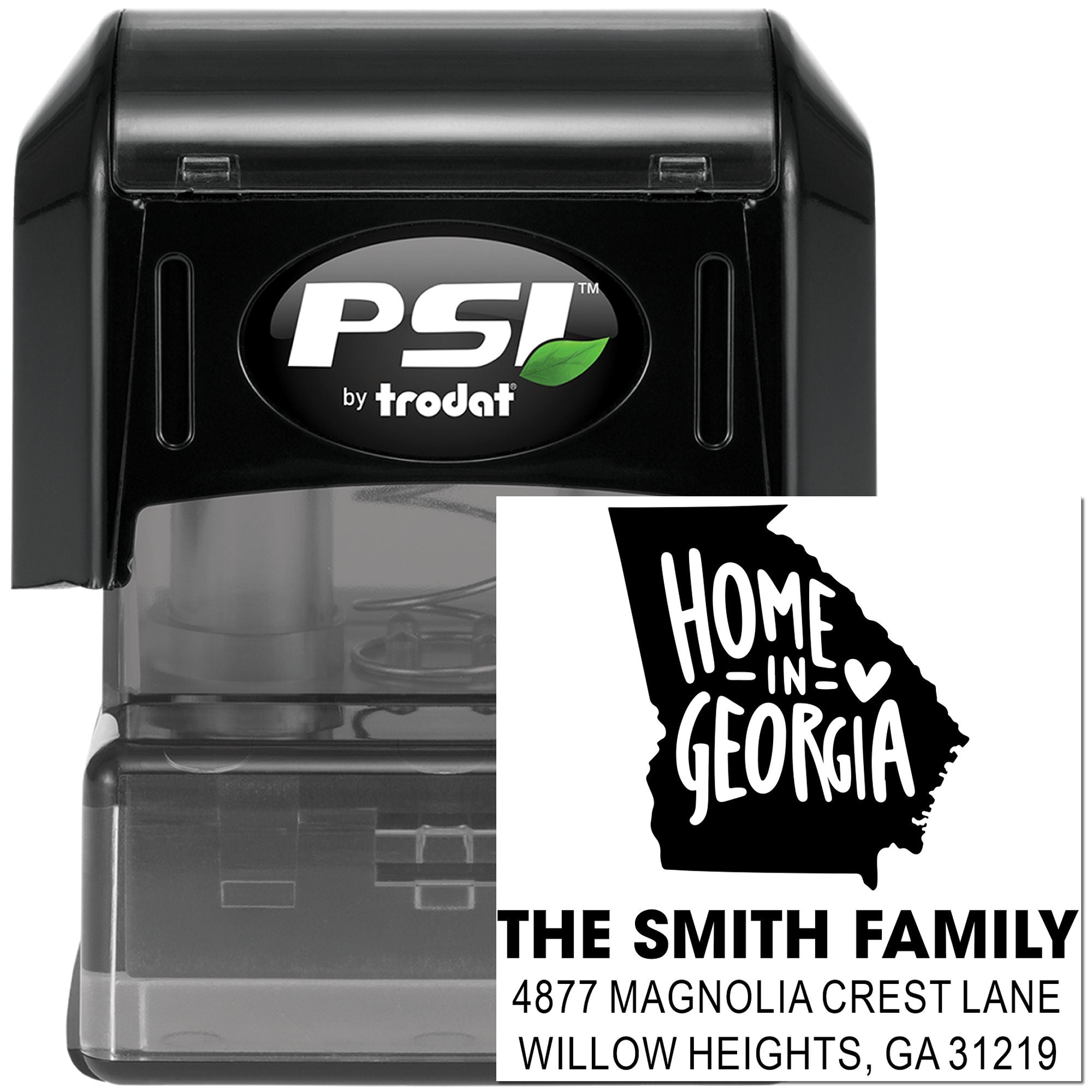 PSI by Trodat custom self-inking address stamp with Home in Georgia design for The Smith Family.