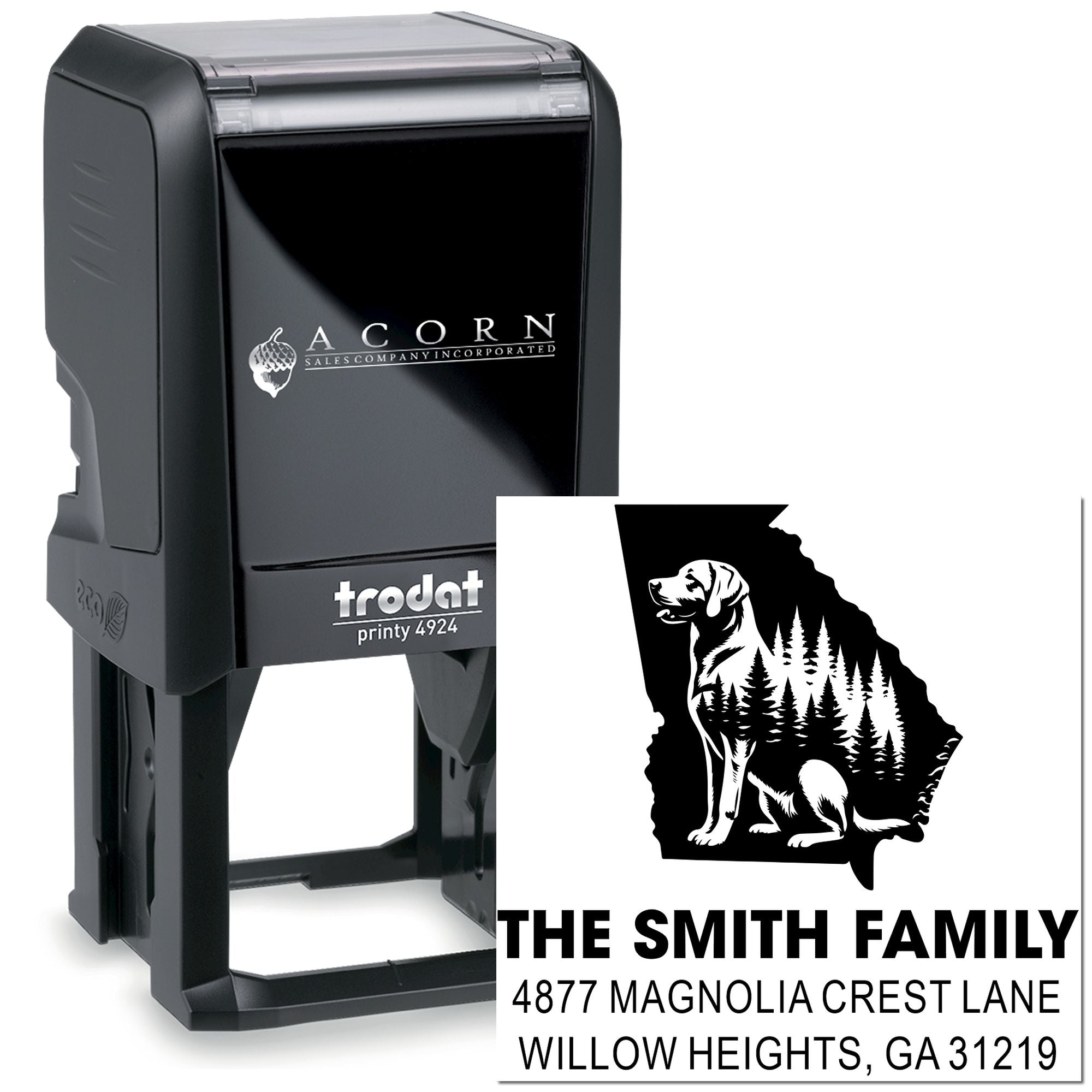 Personalized Trodat Printy 4924 self-inking return address rubber stamp with dog and state silhouette family design.