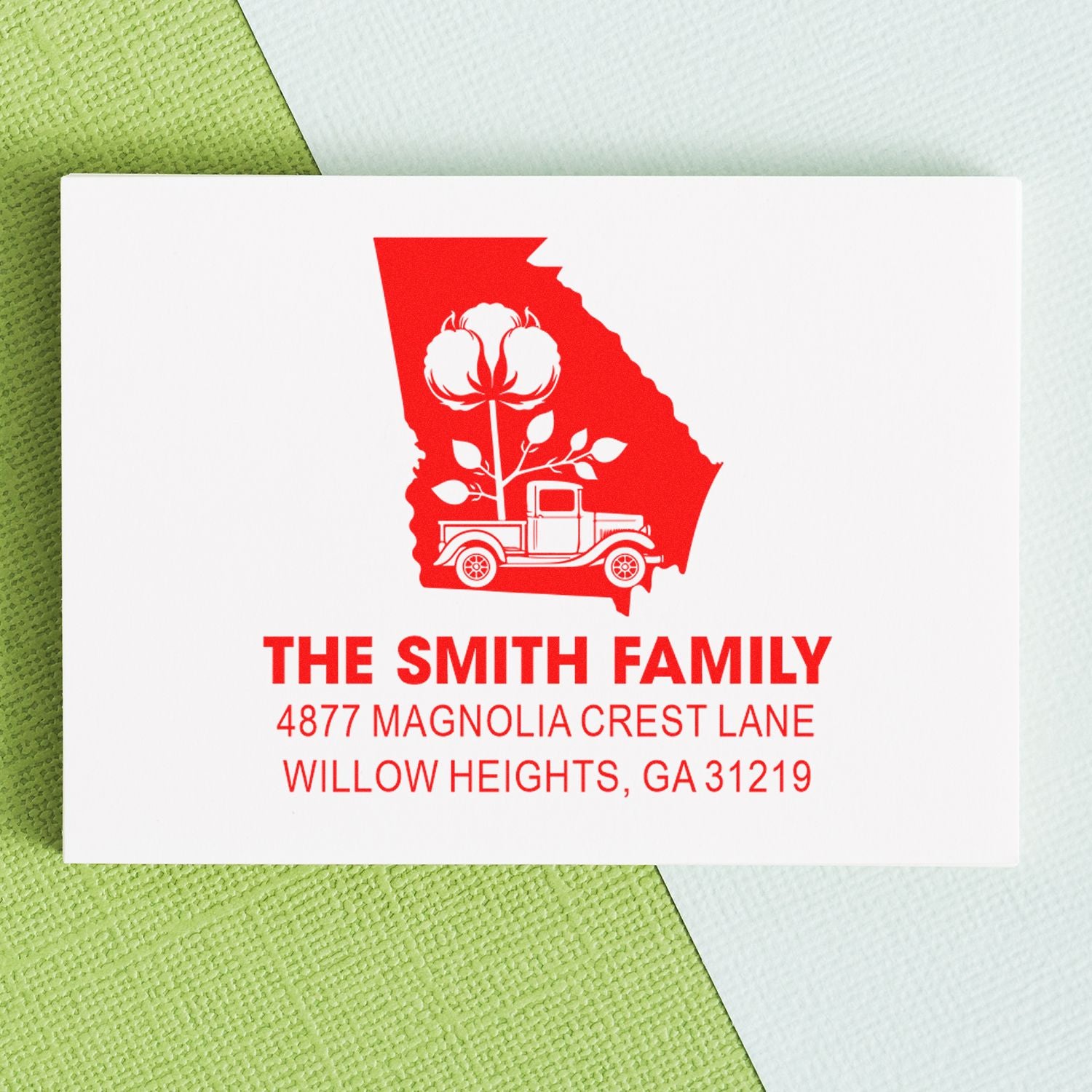 Custom return address rubber stamp with Georgia silhouette, cotton design, and vintage truck for The Smith Family.