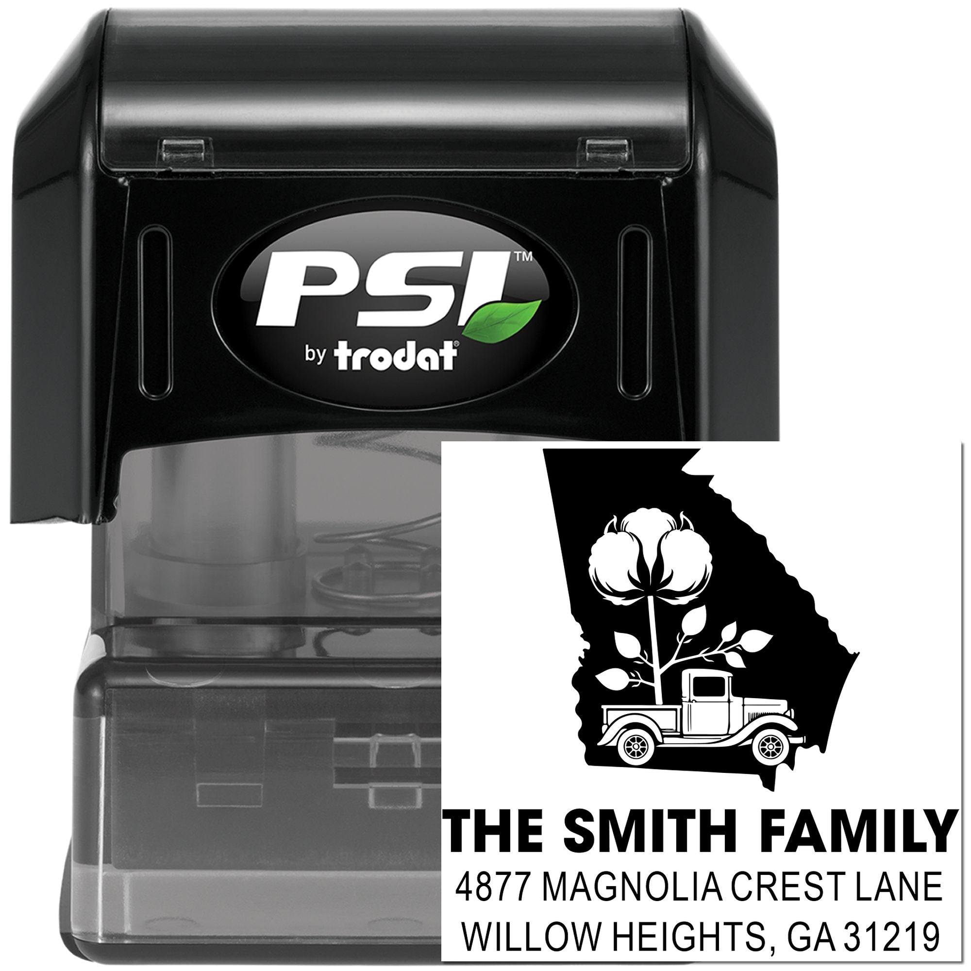 PSI by Trodat self-inking custom address rubber stamp with Georgia family name, vintage truck, and cotton farm design.