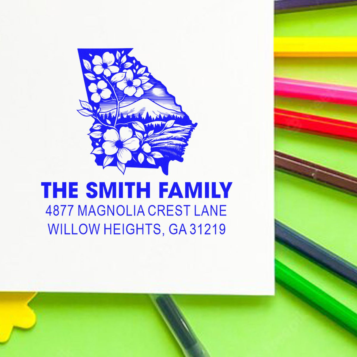 Personalized family address rubber stamp with Georgia state floral design for The Smith Family return mail.