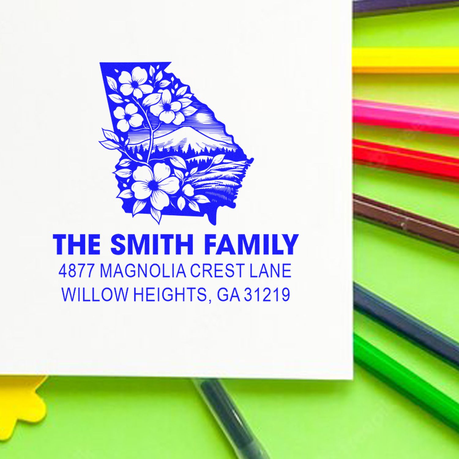 Custom rubber stamp with Georgia floral design and Smith family return address in Willow Heights, GA.