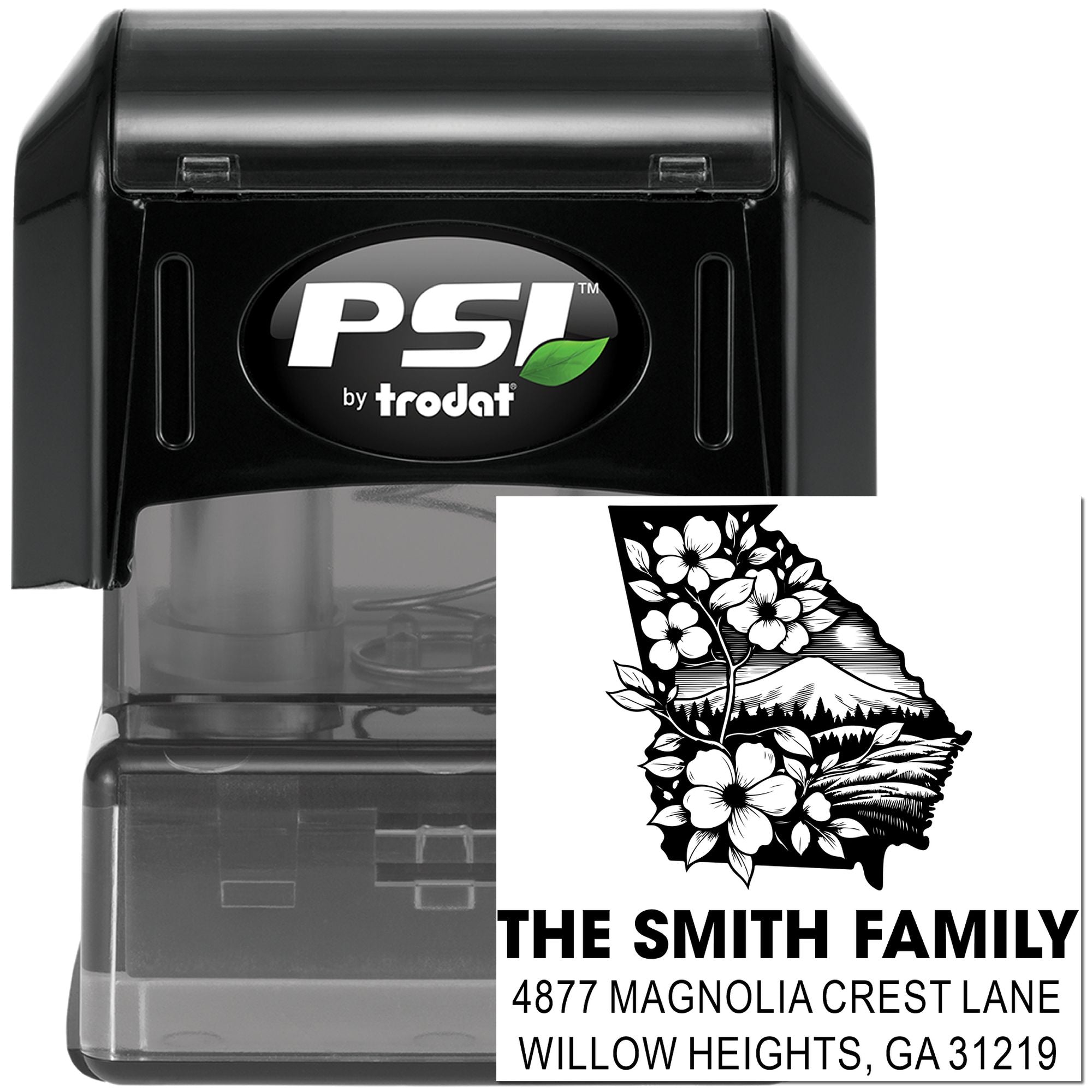 PSI by Trodat self-inking rubber stamp with custom family address design and floral Hawaii state imprint