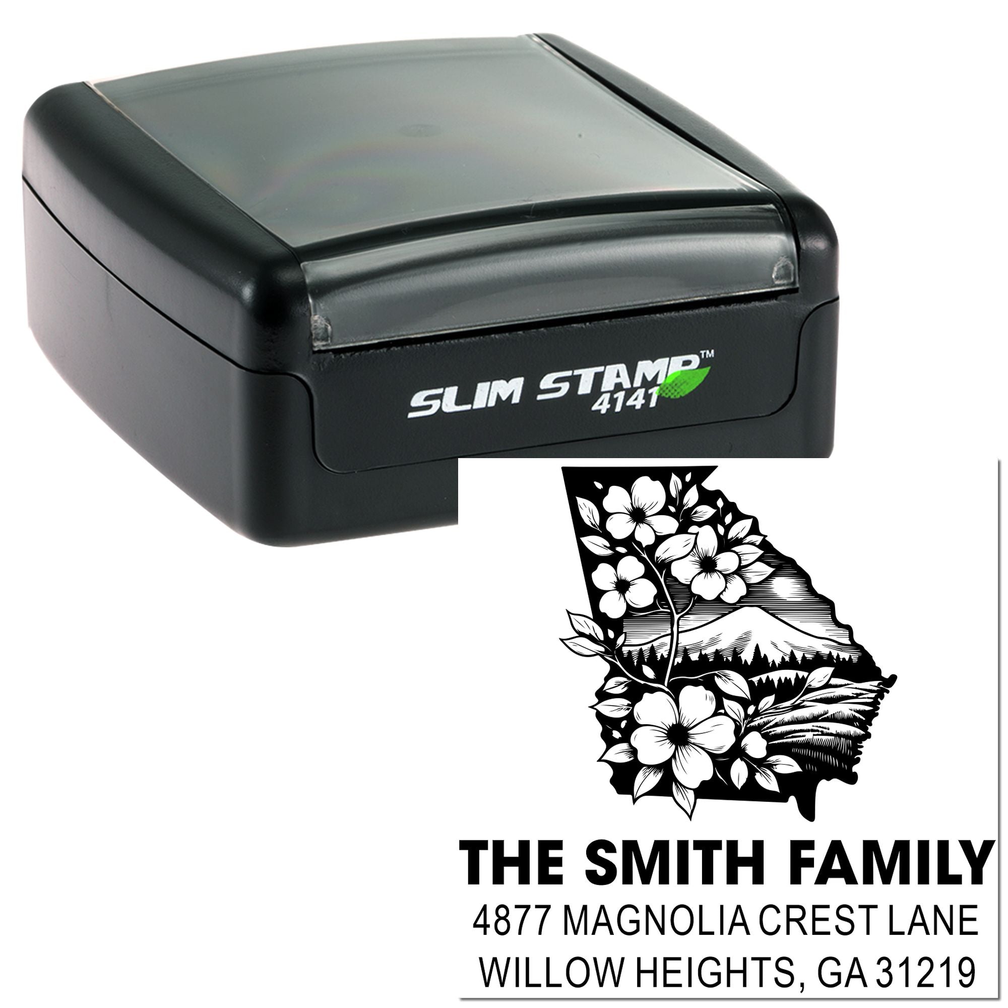Custom return address rubber stamp with floral state design, shown in Slim Stamp 4141 self-inking stamp case.