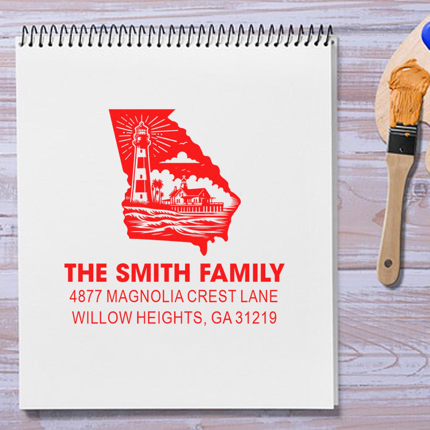 Personalized Georgia lighthouse return address rubber stamp for The Smith Family stationery and envelopes.