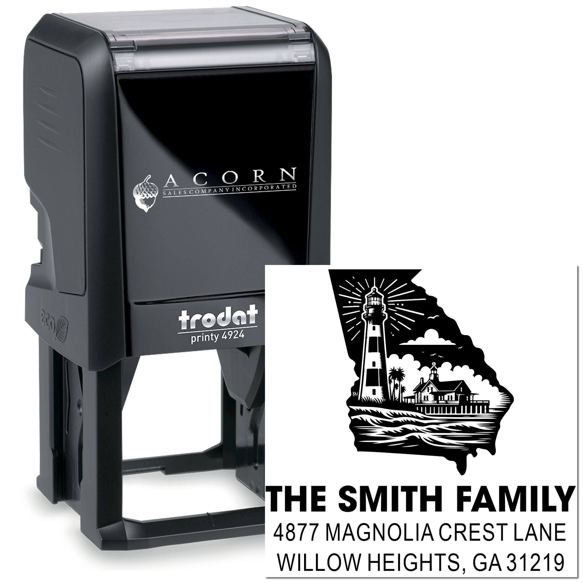 Trodat Printy 4924 custom self-inking rubber stamp with Smith family address and Georgia lighthouse design for return mail.