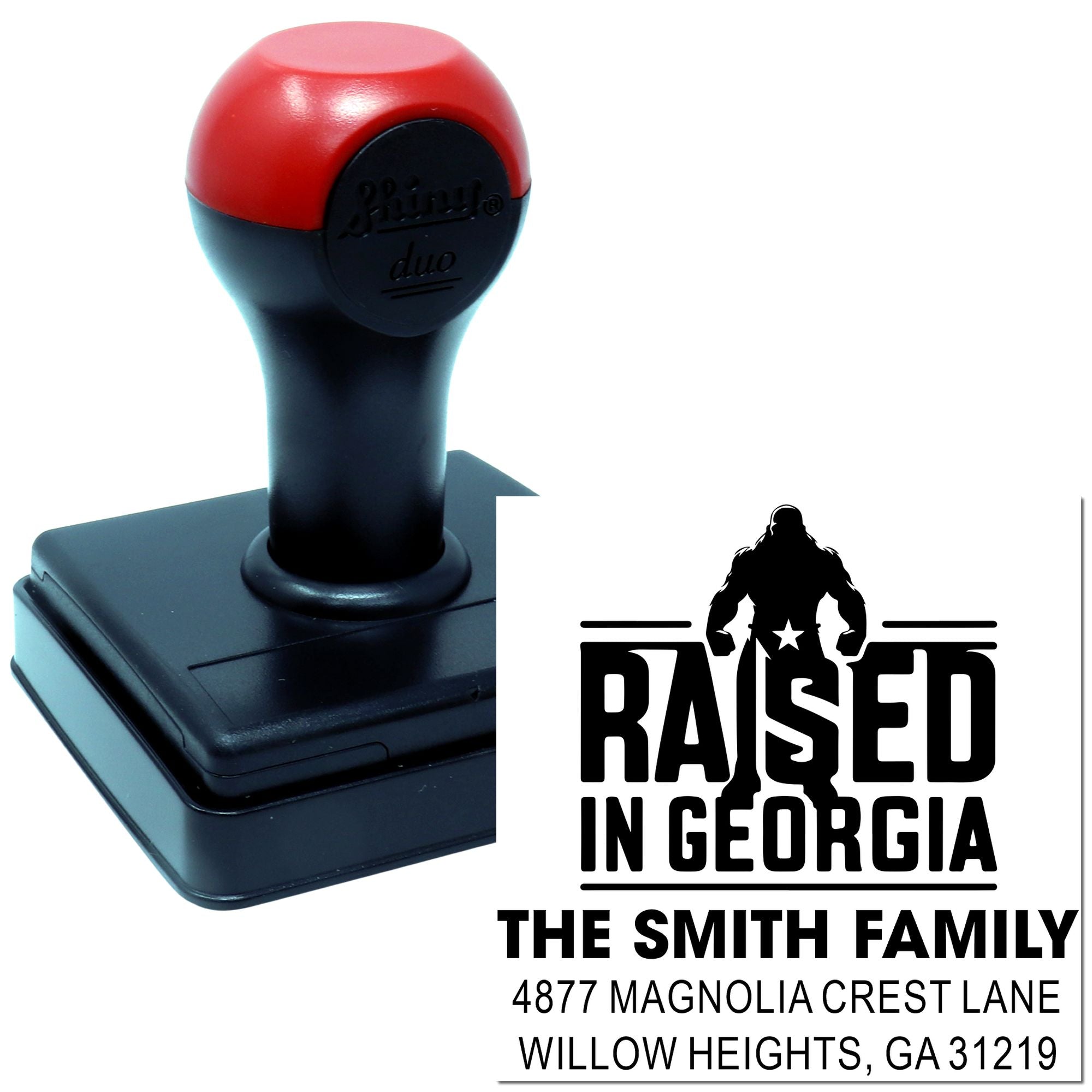 Custom self-inking rubber stamp with Raised in Georgia family address design for The Smith Family.