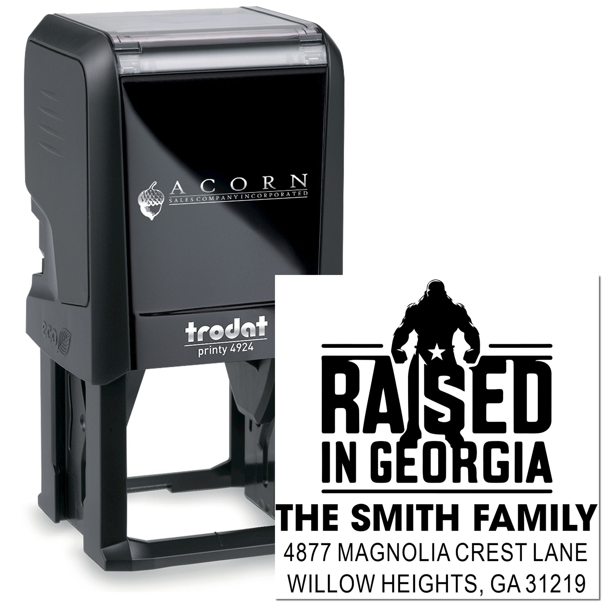Custom self-inking address rubber stamp with Raised in Georgia family design for personalized mail and return addresses.