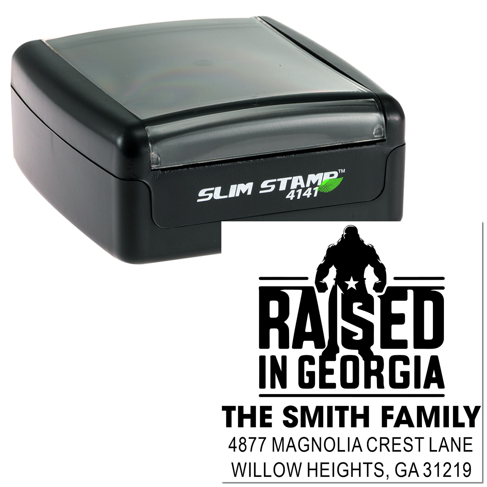 Custom self-inking rubber stamp with Raised in Georgia family address design for personalized mailings and packaging.