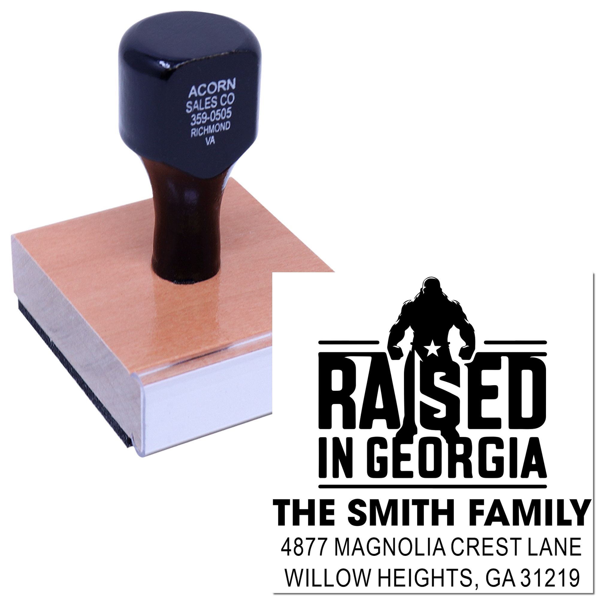 Custom Raised in Georgia family address rubber stamp, self-inking return address stamp for personalized mailing and stationery.