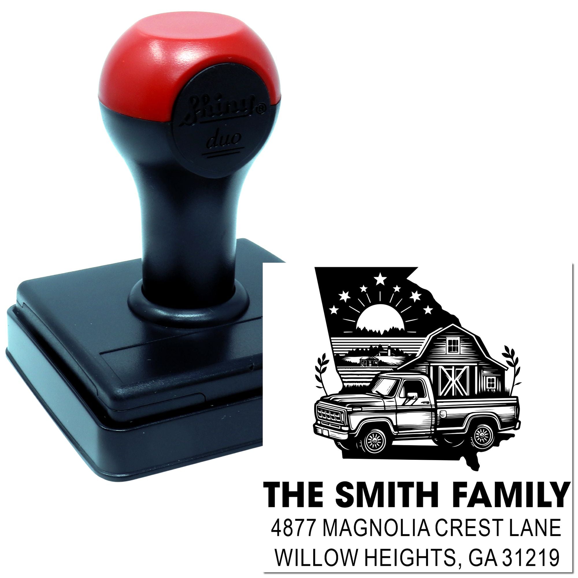 Custom self-inking address rubber stamp for The Smith Family with farmhouse truck logo and return address.
