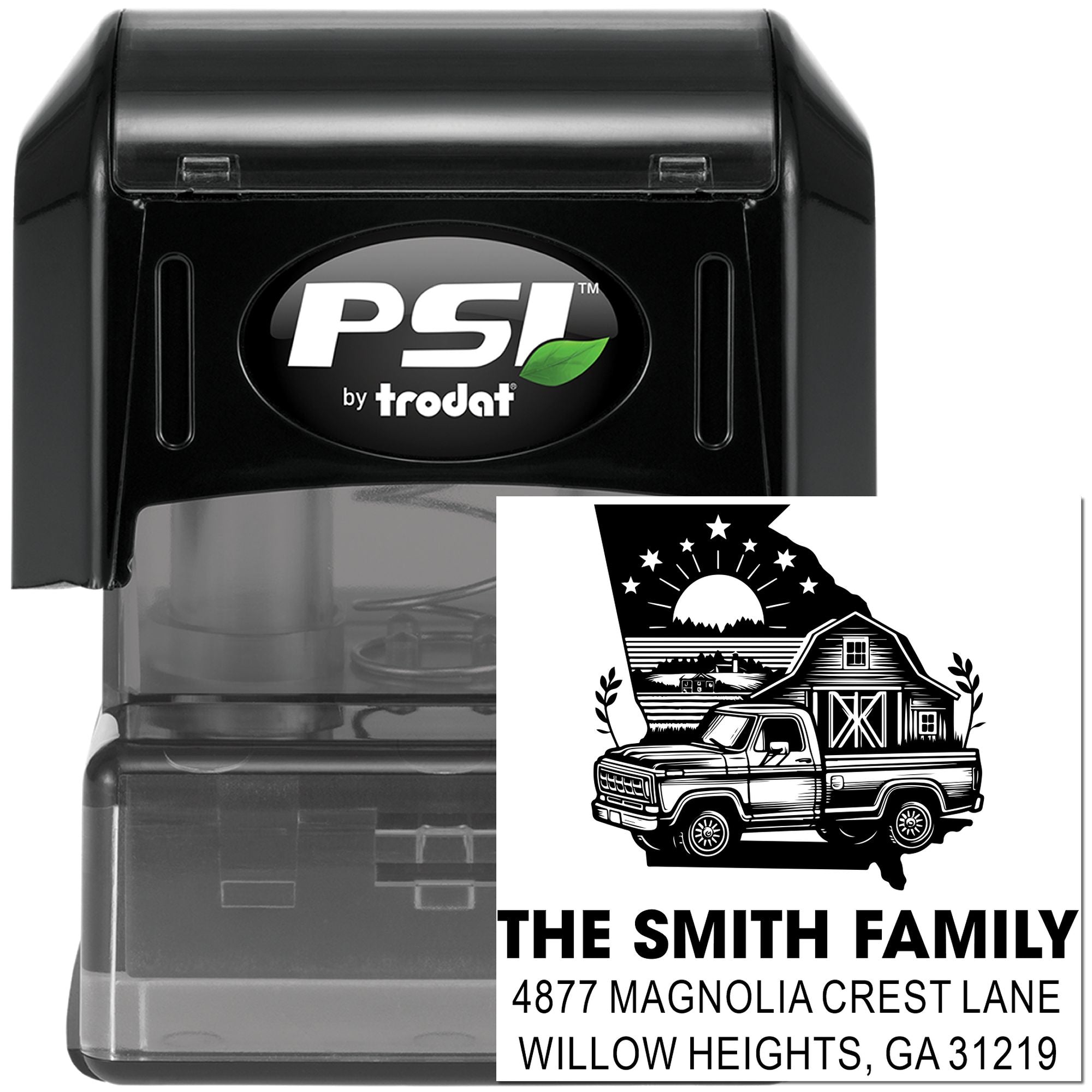 Custom self-inking rubber address stamp by PSI Trodat featuring farmhouse truck design and The Smith Family address