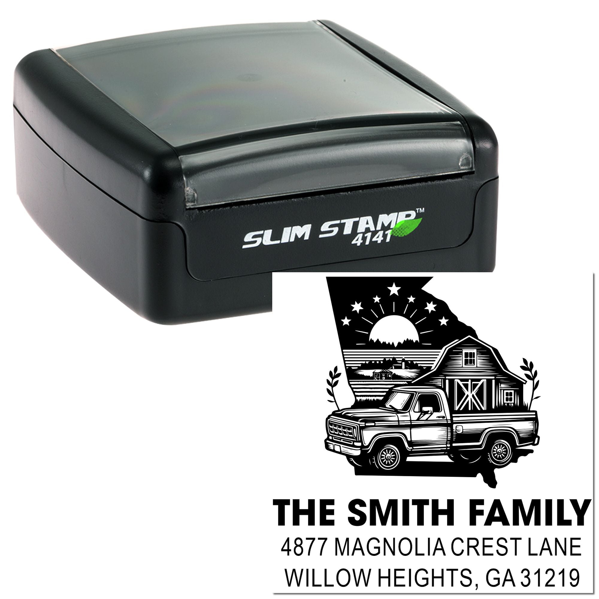 Custom self-inking rubber address stamp with farmhouse truck design and family return address for mailing.